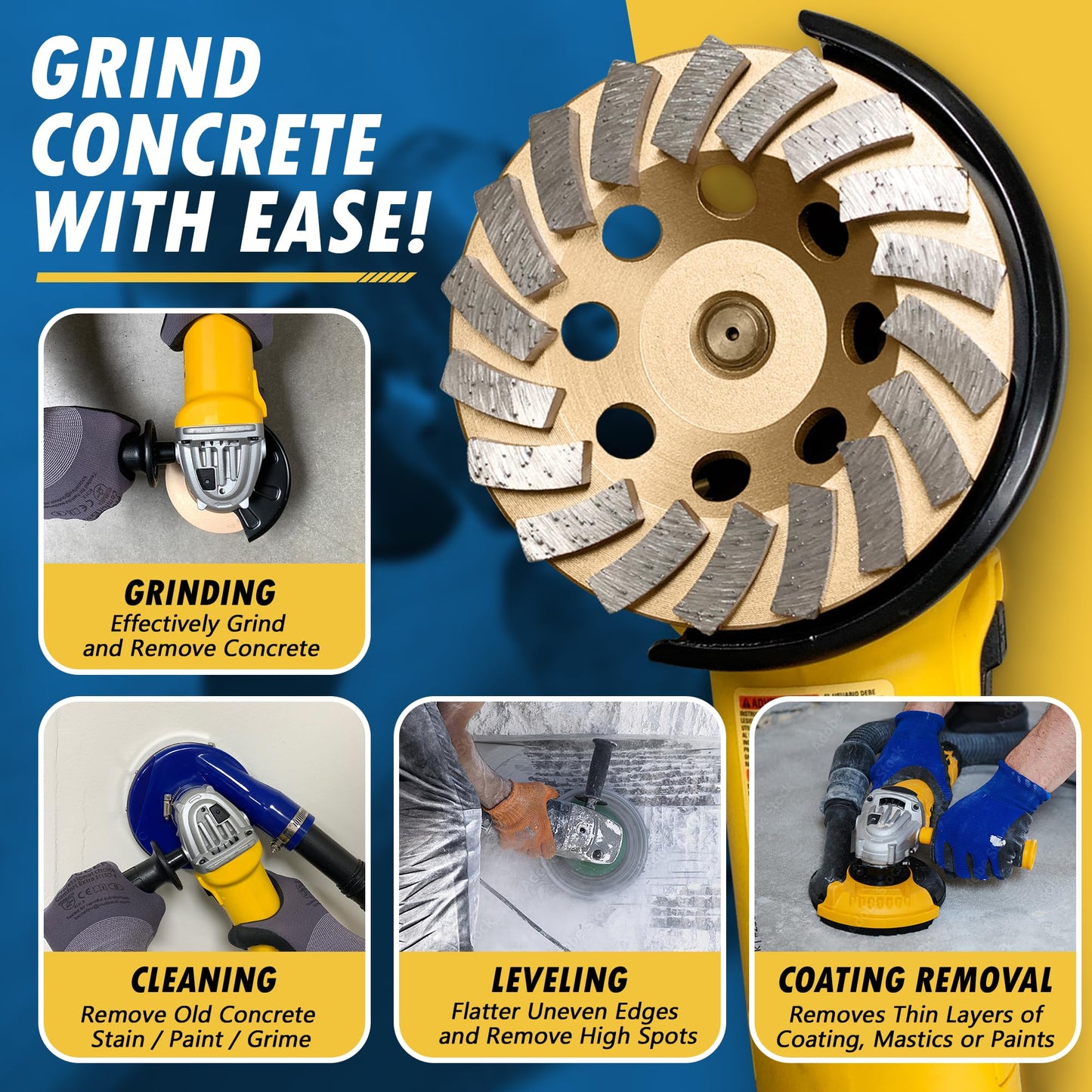 4.5" Diamond Grinding Wheels for Concrete or Masonry, 18 Turbo Segments, #30/40 Grit, Medium Bond, 5/8"-11 Arbor