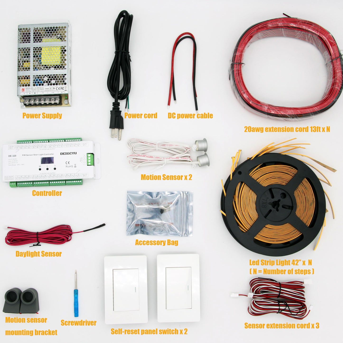 **DEIGCYU Motion-Activated LED Stair Lighting Kit DE-320, 42” Cuttable Strip Lights for Indoor Floating & Cantilever Stairs, Warm White 3000K, 14 Steps**