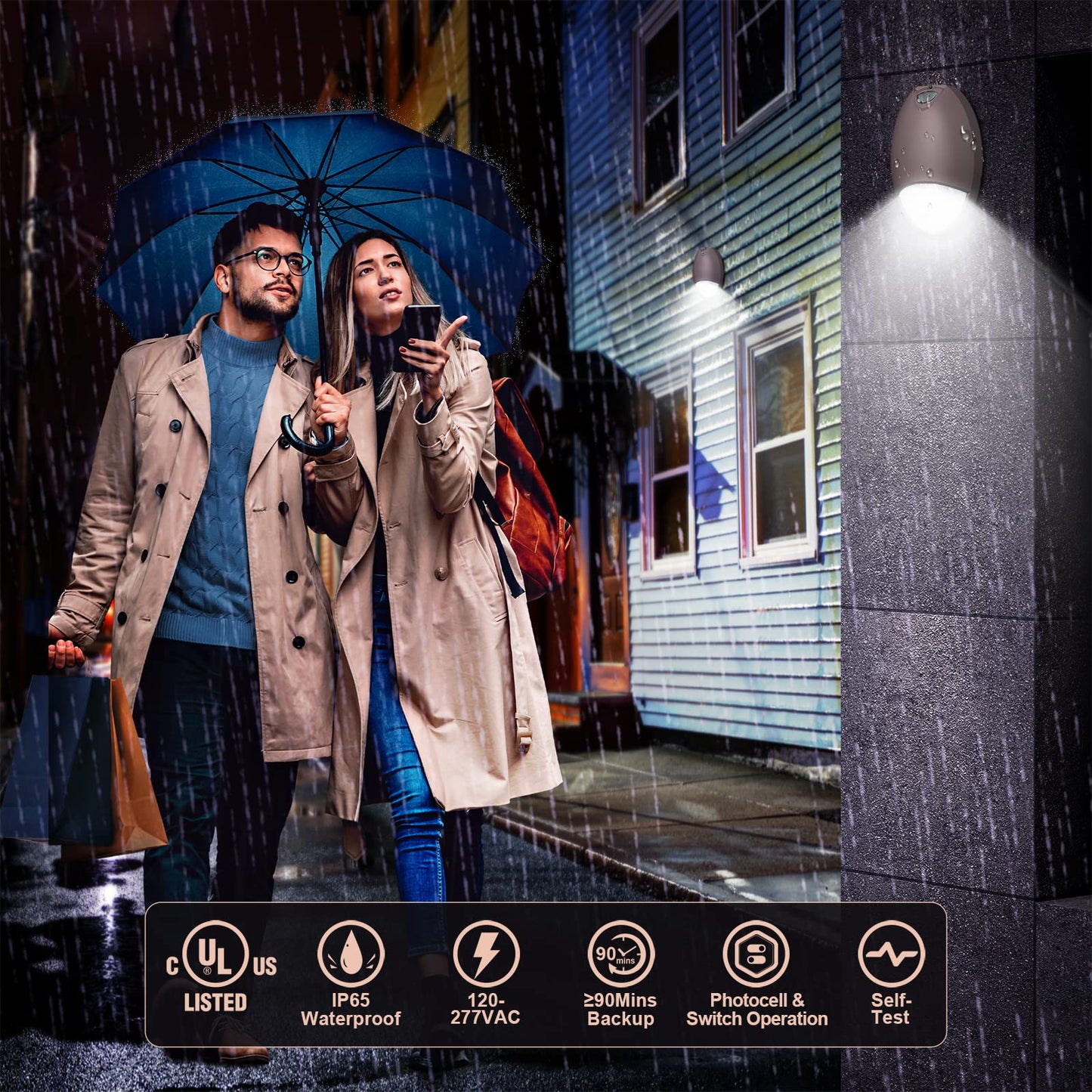 LED Emergency Wall Pack Light with Battery Backup, Photocell Sensor, Waterproof Self-Test, Commercial Exterior Aluminum, 120–277V UL 924 Wet Location (1 Pack)