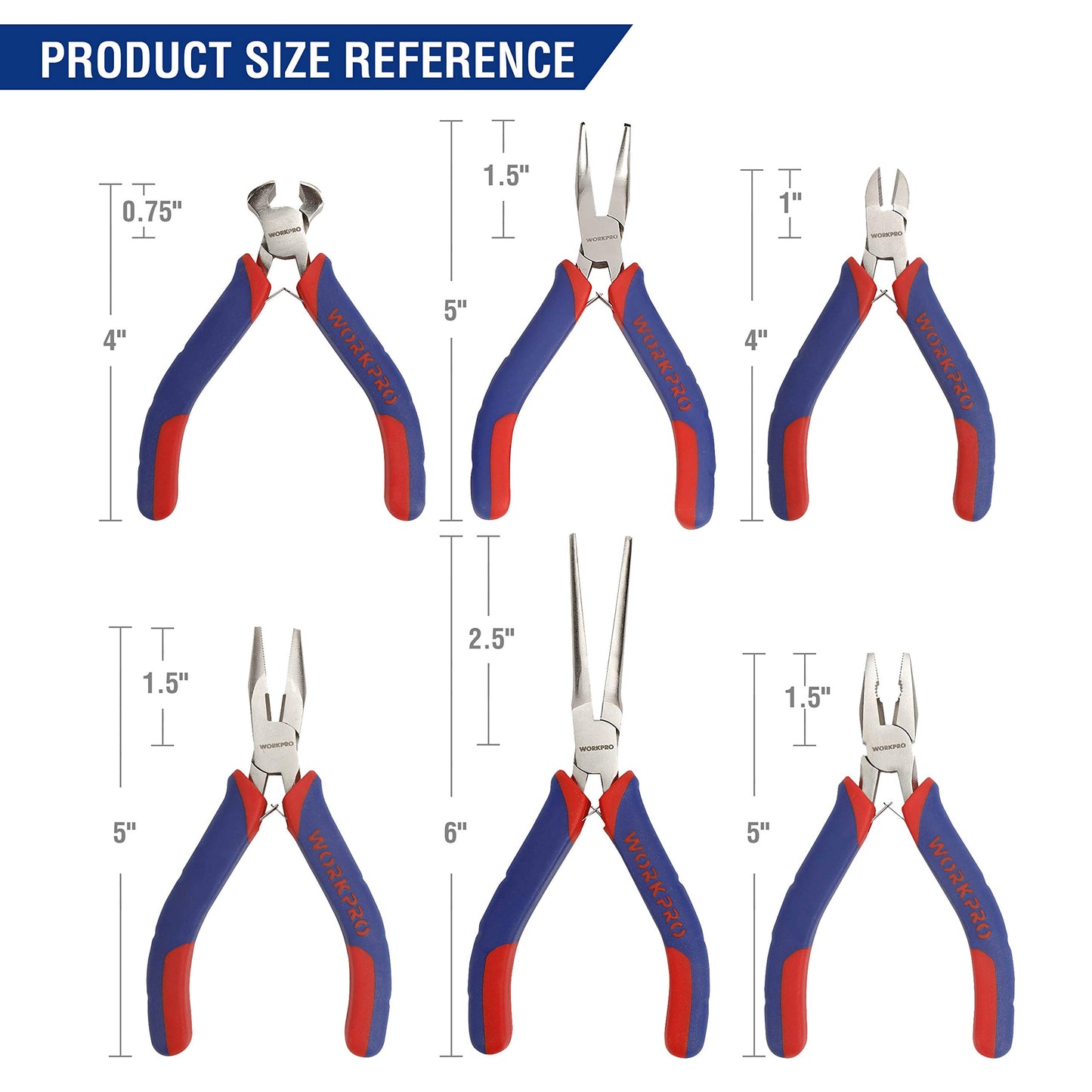 WORKPRO 6-Piece Mini Pliers Set with Pouch – Needle Nose, Diagonal, Long & Bent Nose, End Cutting, Linesman for Crafts & Electronics Repair