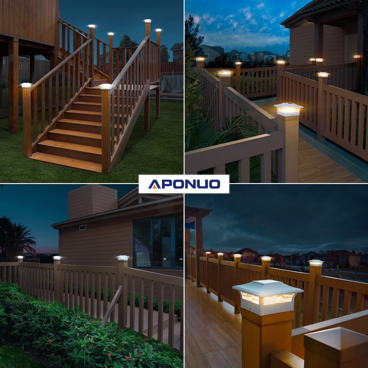 APONUO 6-Pack Solar Post Cap Lights for 4x4, 5x5, 6x6 Vinyl Posts – 2 Modes, IP65 Waterproof, Auto On/Off, Outdoor Deck & Garden Lights