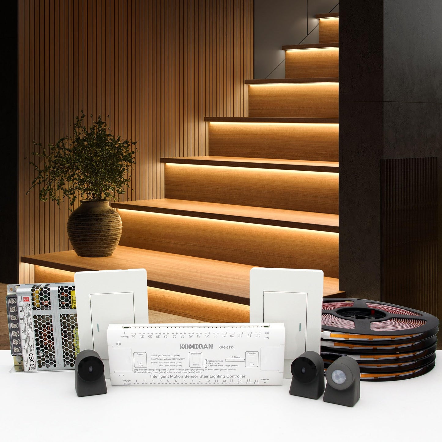 KOMIGAN KMG-3233 Motion-Activated LED Stair Lighting Kit, 48" Long Cuttable Strip Light for Indoor LED Stair Lights (Warm White 3000K, 18 Steps)