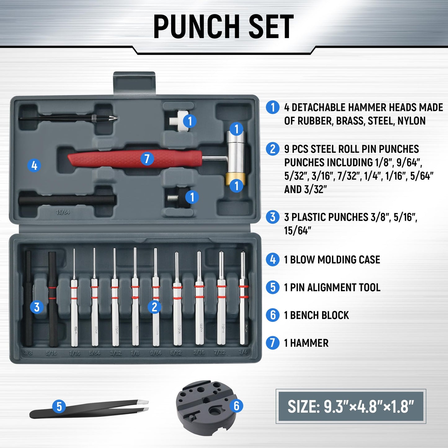 W WIREGEAR Steel Pin Punch Set with Replaceable Face Hammer & Bench Block – Solid Mechanical Repair Tool for Roll Pins