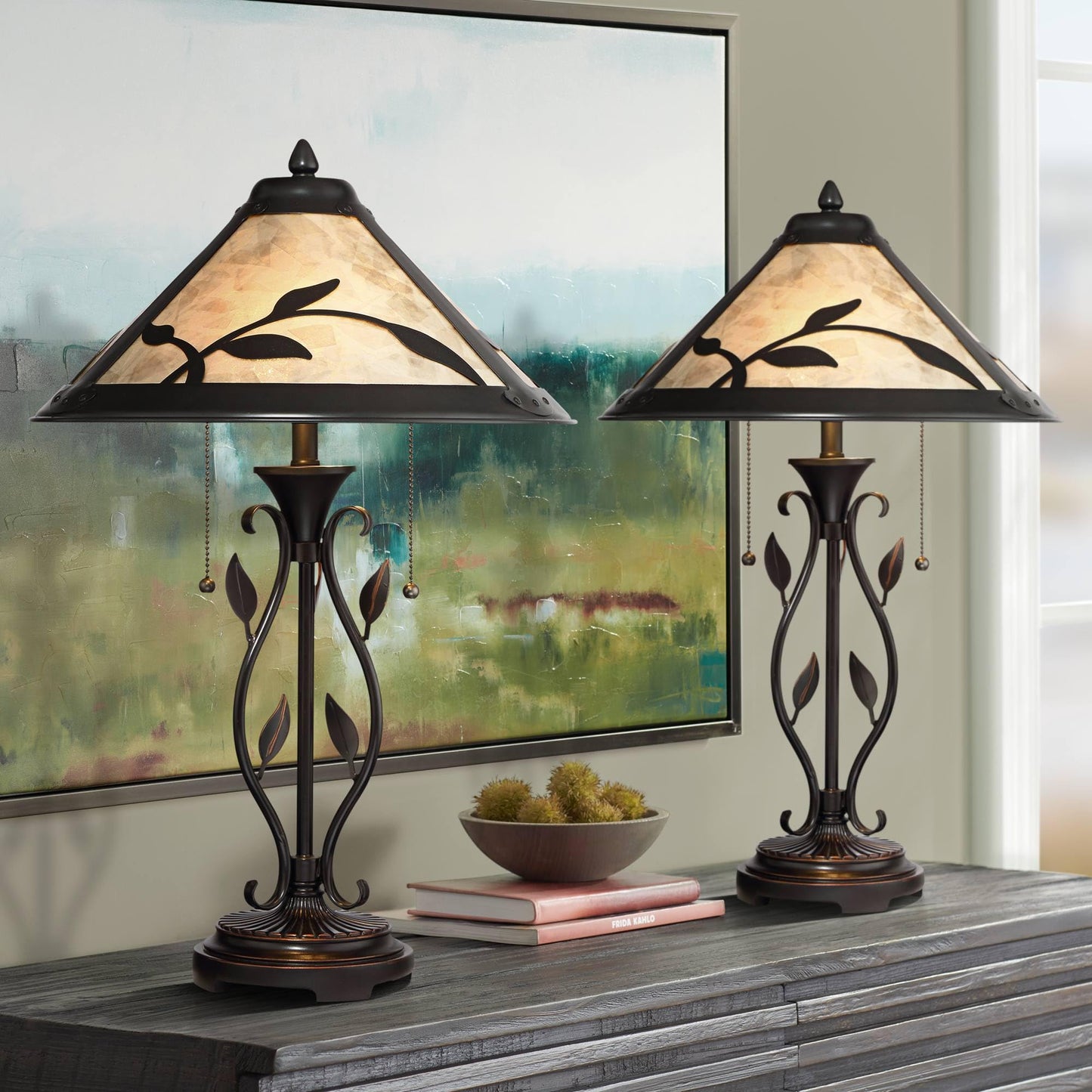 Franklin Iron Works Feuille Farmhouse Table Lamps Set of 2, 23.75" Rustic Leaf & Vine Accent Lamps with Pull Chain, Mica Shade for Bedroom Living Room