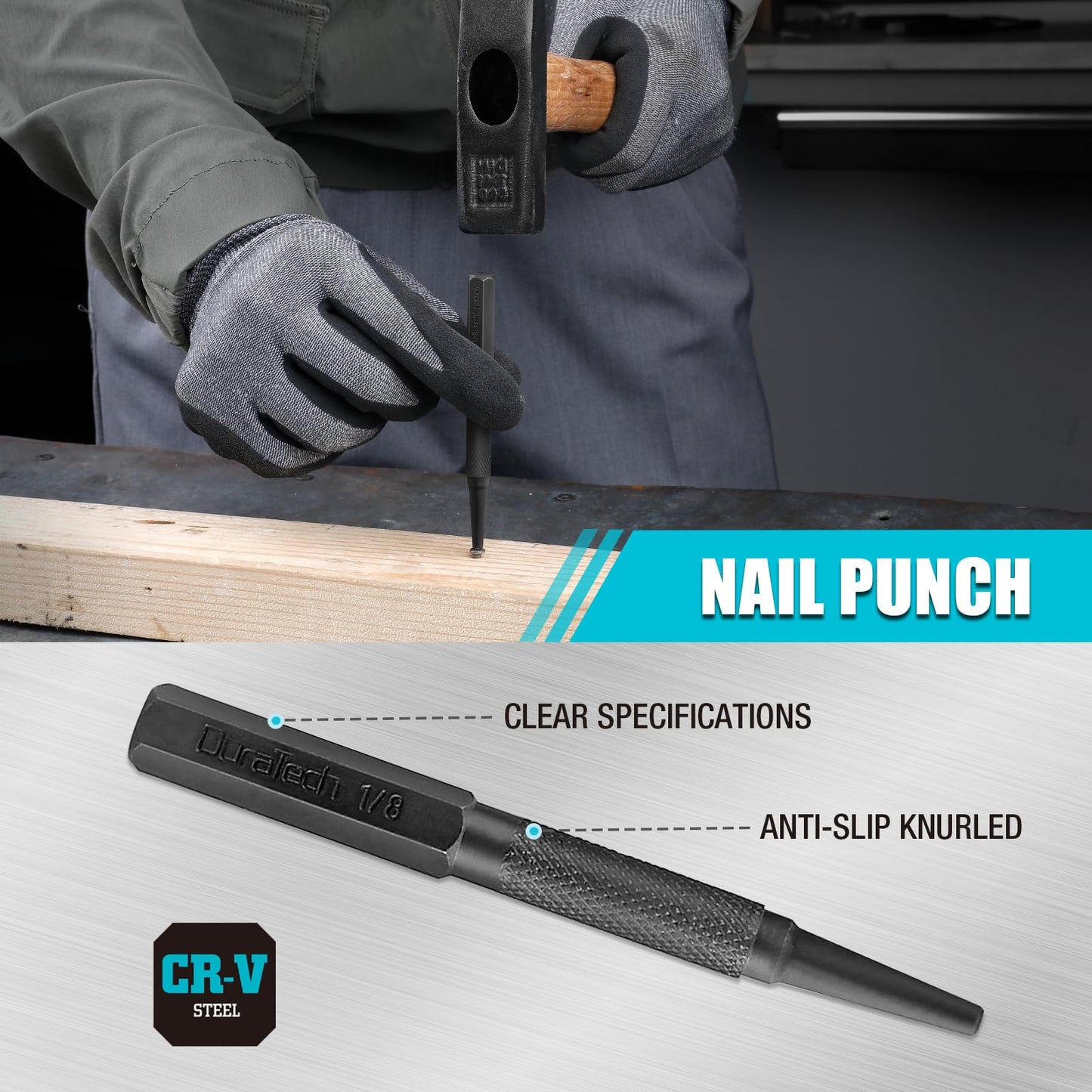 DURATECH 18-Piece Punch & Chisel Tool Set with Pin, Center, Nail Punch, Alignment Tool, Cold Chisel, Gauge & Rolling Pouch