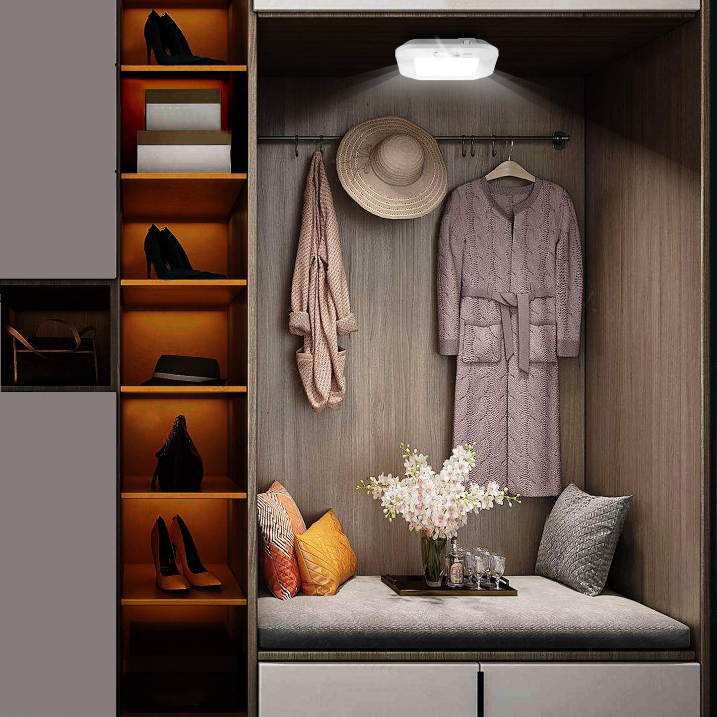 ANOTEK Motion Sensor Ceiling Light, 48 LED, 180LM 6000K, Battery Operated, Wireless, Motion Activated for Closet, Pantry, Shed – 2 Pack