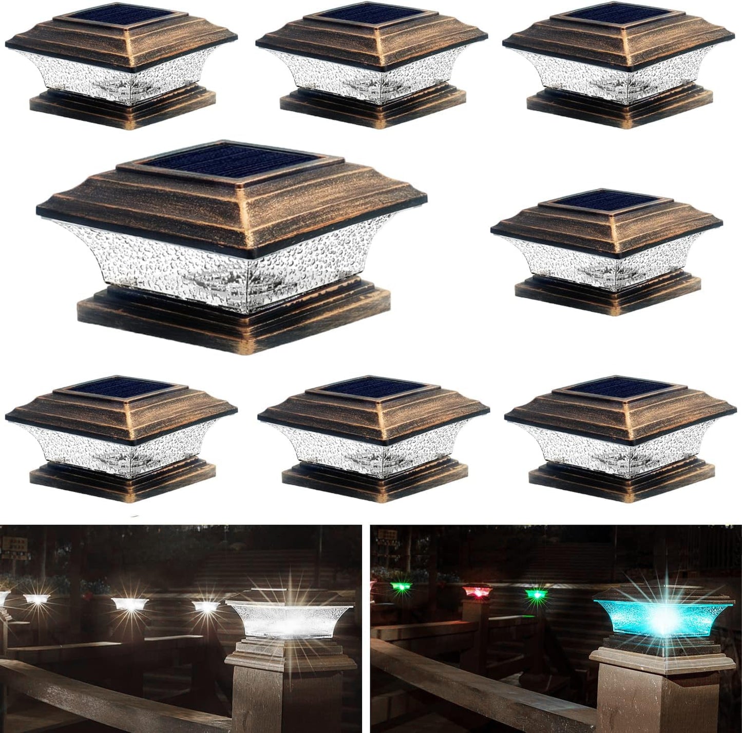 HUYIENO Solar Post Cap Lights 8pk, Outdoor LED Deck & Fence Lighting, Warm White & 7-Color RGB, Fits 4x4/5x5 Wooden Posts, Brushed Copper