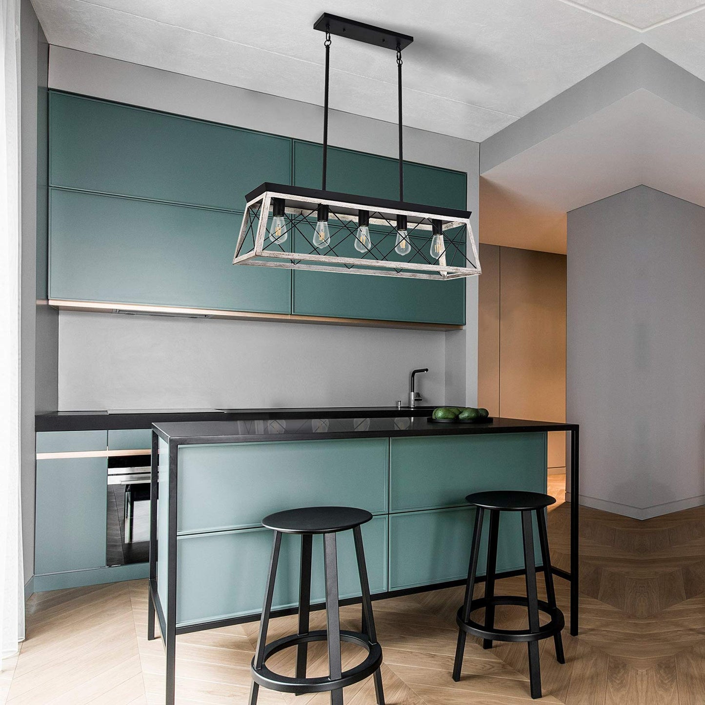 **Luupyia Farmhouse Rectangular Chandelier, 5-Light Rustic Linear Island Pendant for Kitchen, Dining Room & Pool Table, Beige**