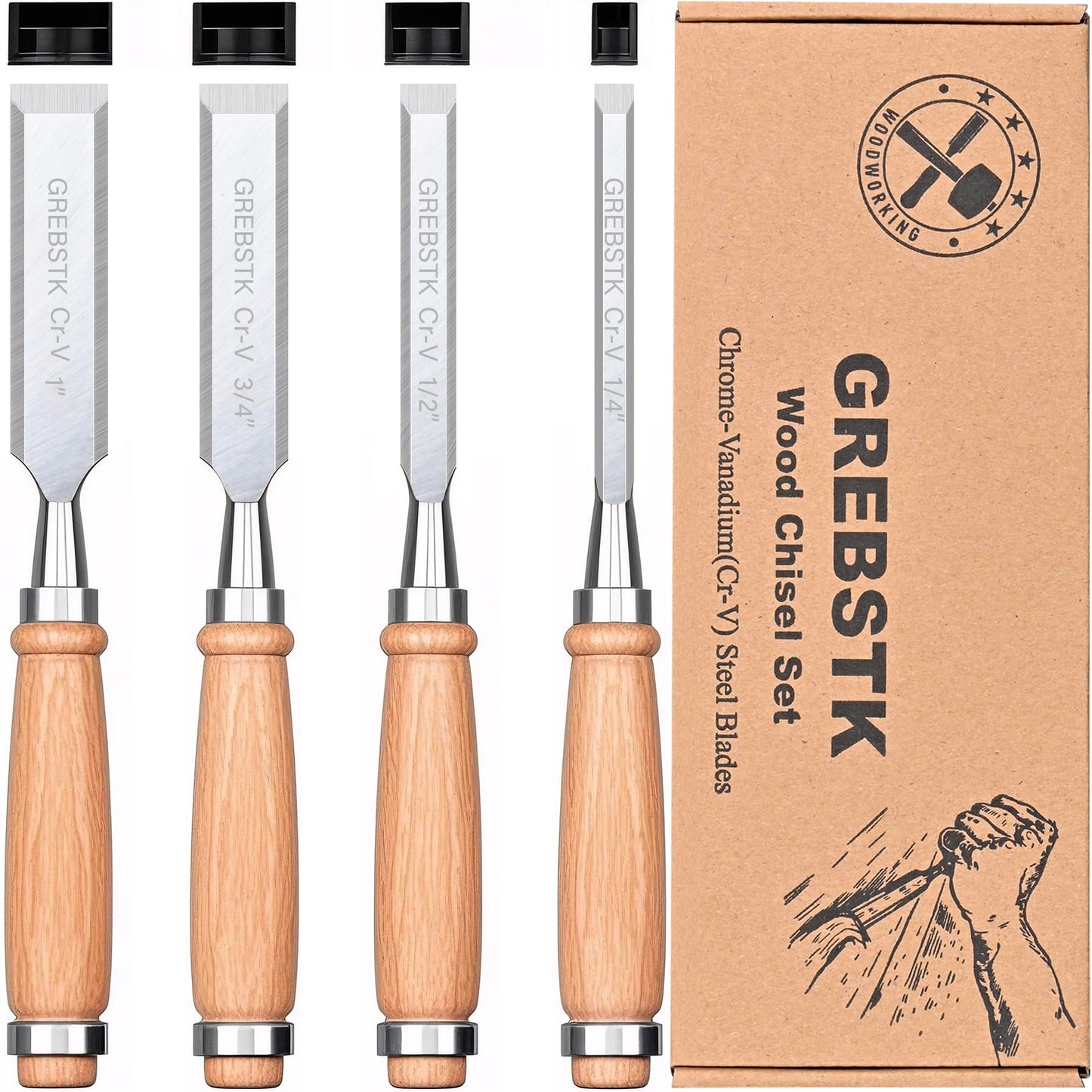 GREBSTK 4 Pcs Wood Chisel Set CRV Steel Bevel Sharp Edge Bench Chisels with Safety Caps for Woodworking and DIY Projects 1/4", 1/2", 3/4", 1"