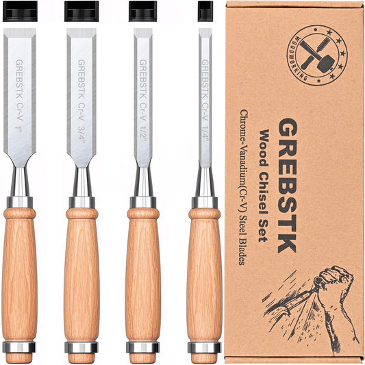GREBSTK 4 Pcs Wood Chisel Set CRV Steel Bevel Sharp Edge Bench Chisels with Safety Caps for Woodworking and DIY Projects 1/4", 1/2", 3/4", 1"