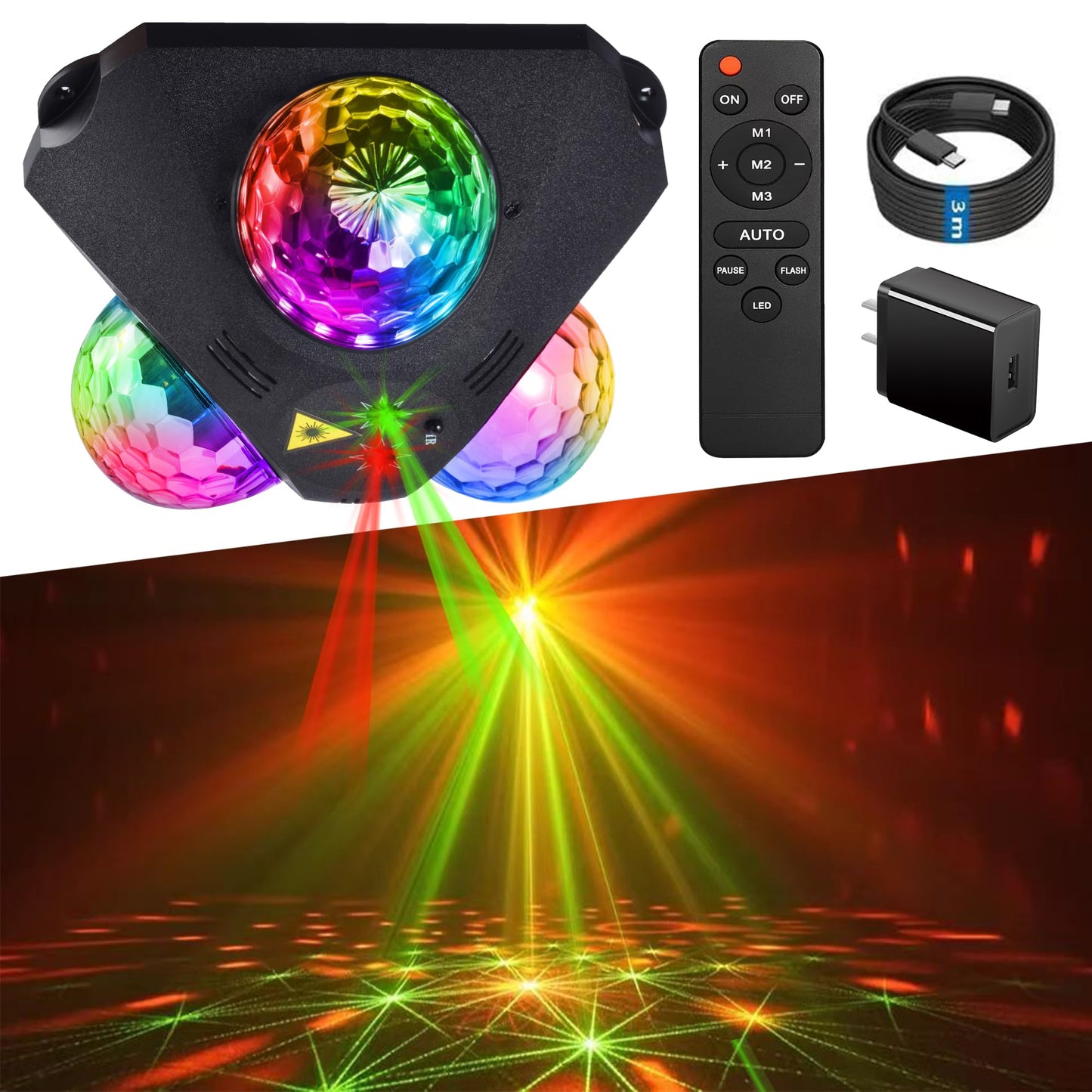 Yinpkteo 4-in-1 Disco Ball Party Lights, 3 RGB + Red & Green Pattern Strobe Lamp for Home, Birthday, Halloween, Christmas & Dance Parties