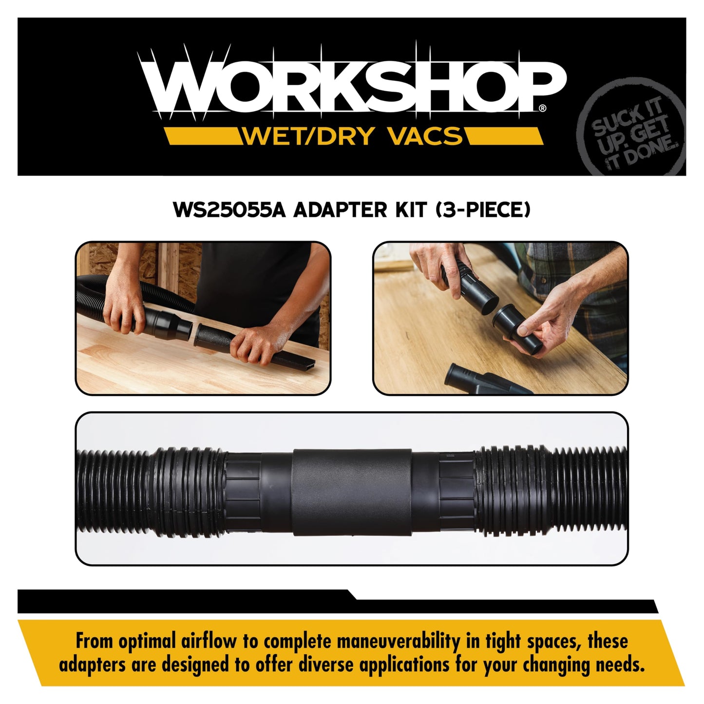 WORKSHOP WS25055A Wet/Dry Vacuum Accessory Adapter Kit, 3-Piece Set for Shop Vacs, Connect Hoses & Parts