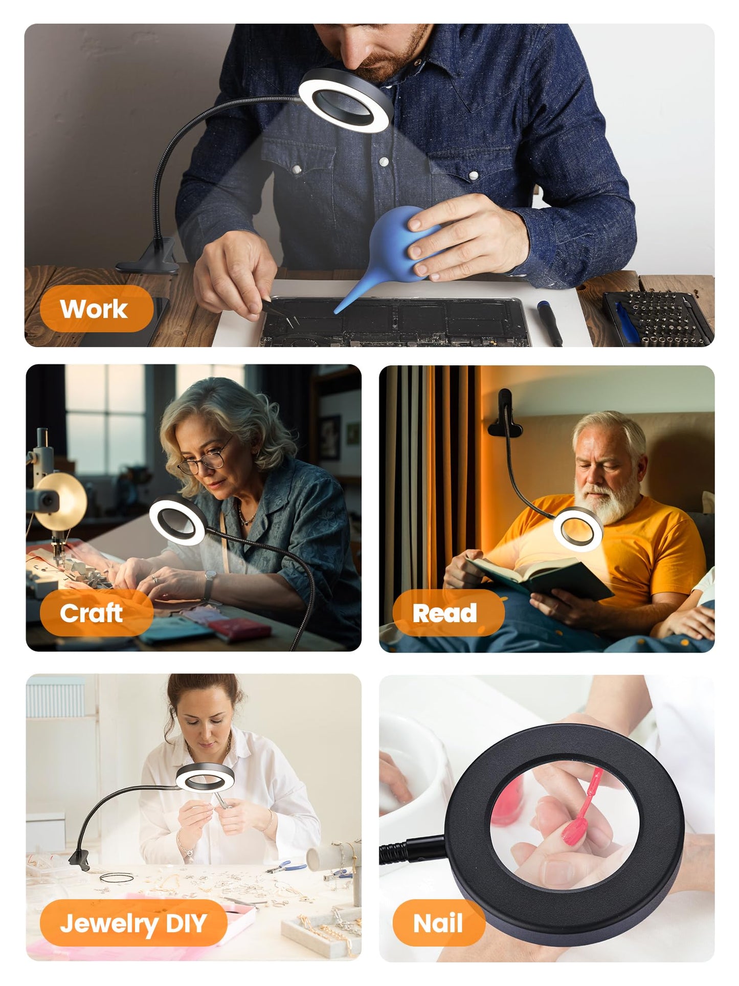 ReinHoo 10X LED Magnifying Glass with 5 Colors & 10 Brightness, 58 LED 750 Lumen Clip-On Lamp for Reading, Desk, Bed, Nail Work