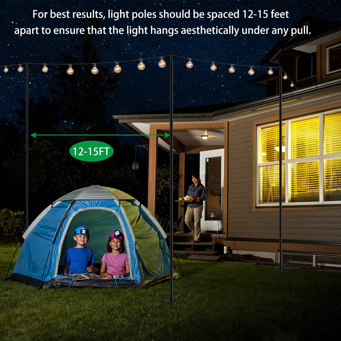 4-Pack 9.3ft Outdoor String Light Poles with Forks – Metal Hanging Posts for Patio, Garden, Backyard, Yard & Porch Decorations