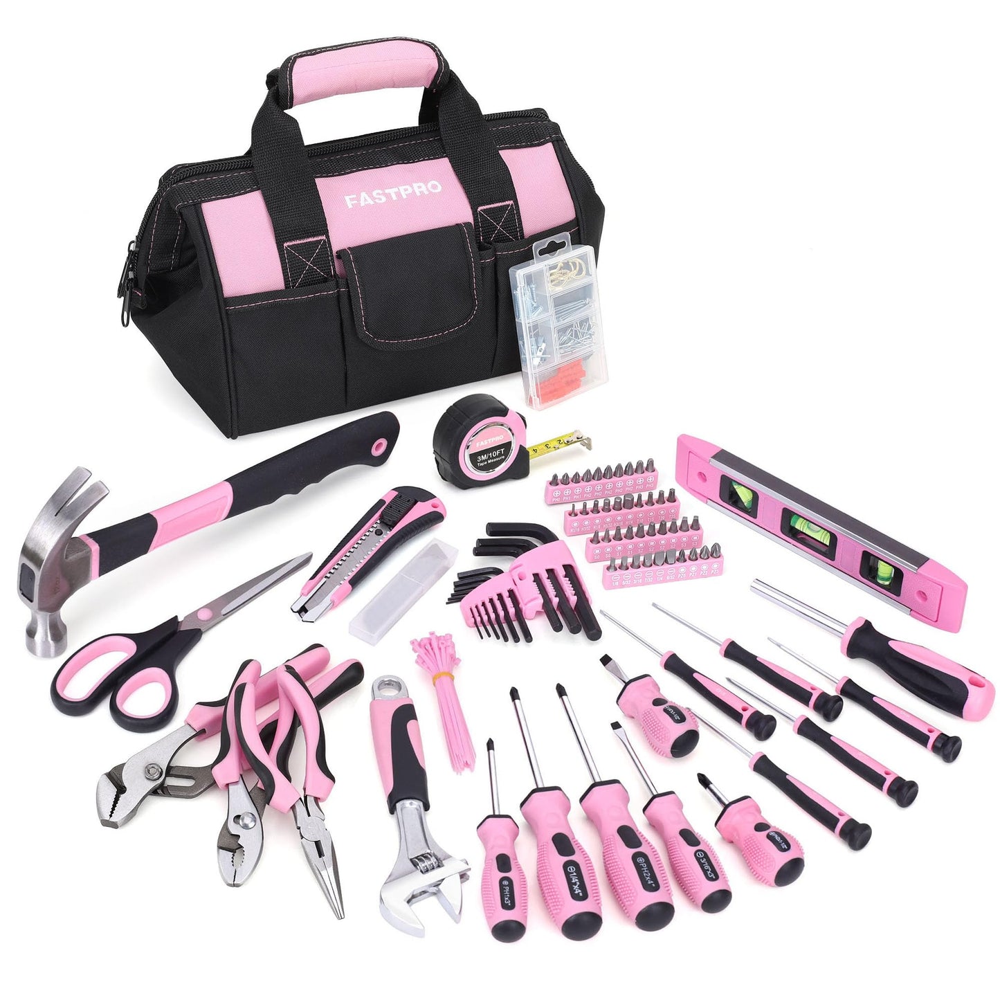 FASTPRO Pink Tool Set, 220-Piece Lady's Home Repairing Tool Kit with 12-Inch Wide Mouth Open Storage Tool Bag