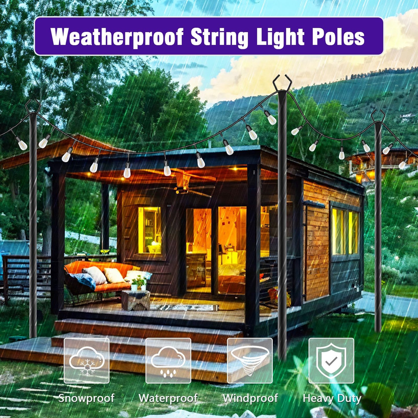 Zoegi 4-Pack 10ft Outdoor String Light Poles with Forks, Metal Stands & Brackets for Patio, Deck, Backyard, Wedding, Party