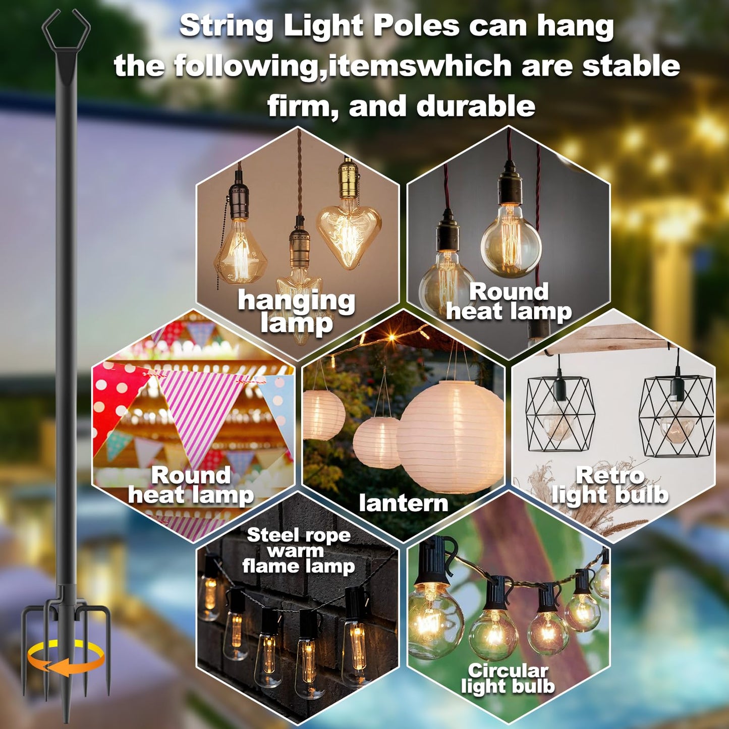 6 Pack 10FT Heavy Duty Metal String Light Poles, Adjustable Outdoor Lighting Stands for Patio Backyard Garden, Rustproof with Hooks