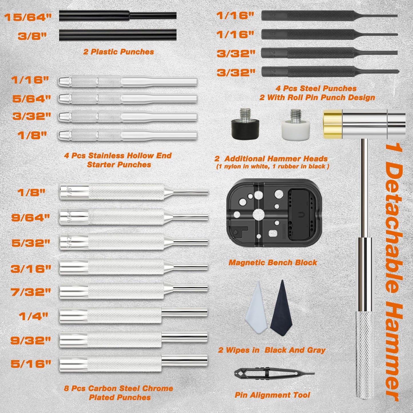 BESTNULE Punch & Pin Punch Set with Hammer, Bench Block & Organizer Box – High-Quality Metal Mechanical Repair Tool Kit