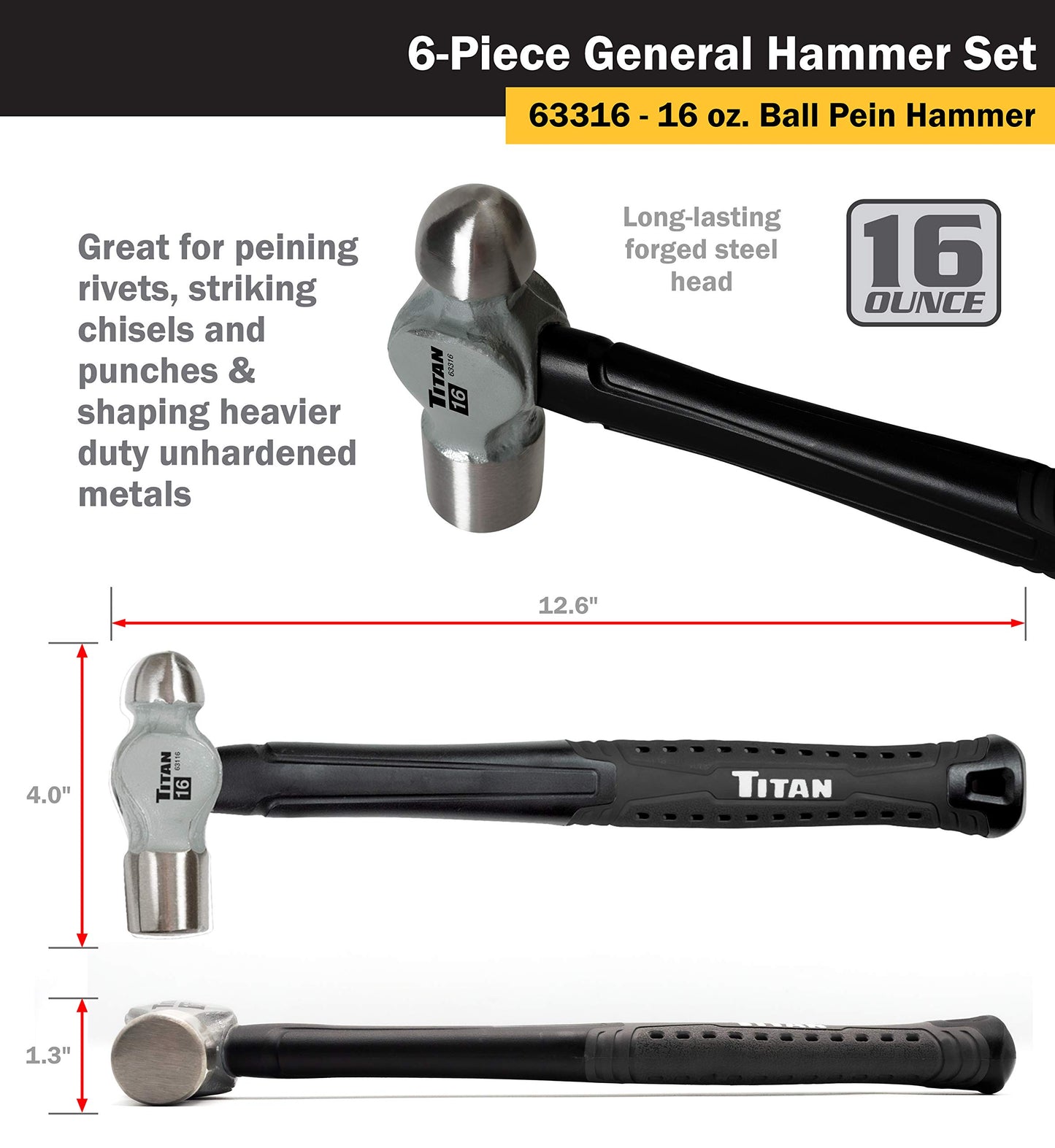 Titan 63136 6-Piece Hammer Set, Includes 16oz & 32oz Ball Pein, 32oz Rubber Mallet, 3lb Sledgehammer, 2lb Dead Blow & 3lb Cross Pein