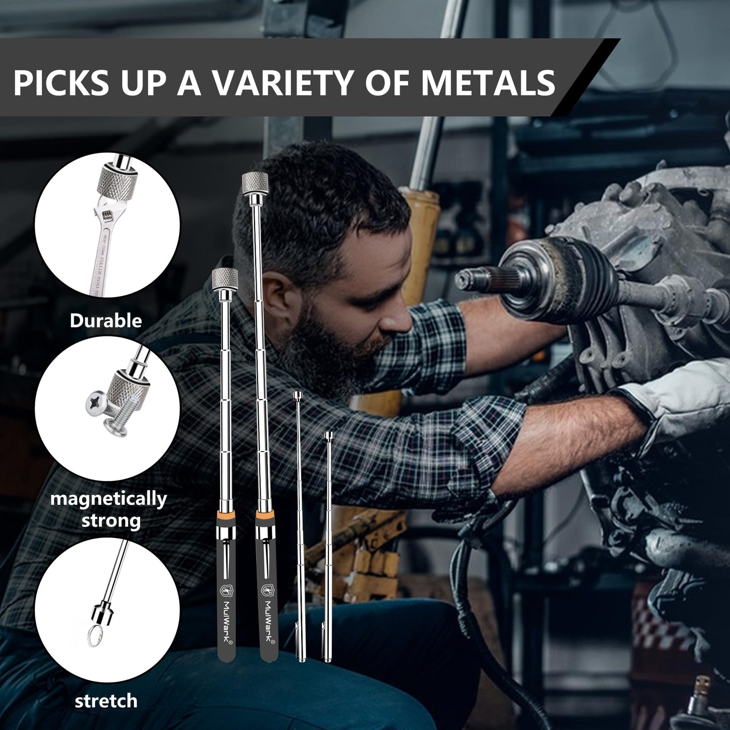 Mulwark 5-Piece Telescoping Magnetic Pickup Tool Set, Extendable 1.5–15LB Strong Pull Magnets with Rust-Proof Magnetic Tray for Mechanics, Automotive & DIY