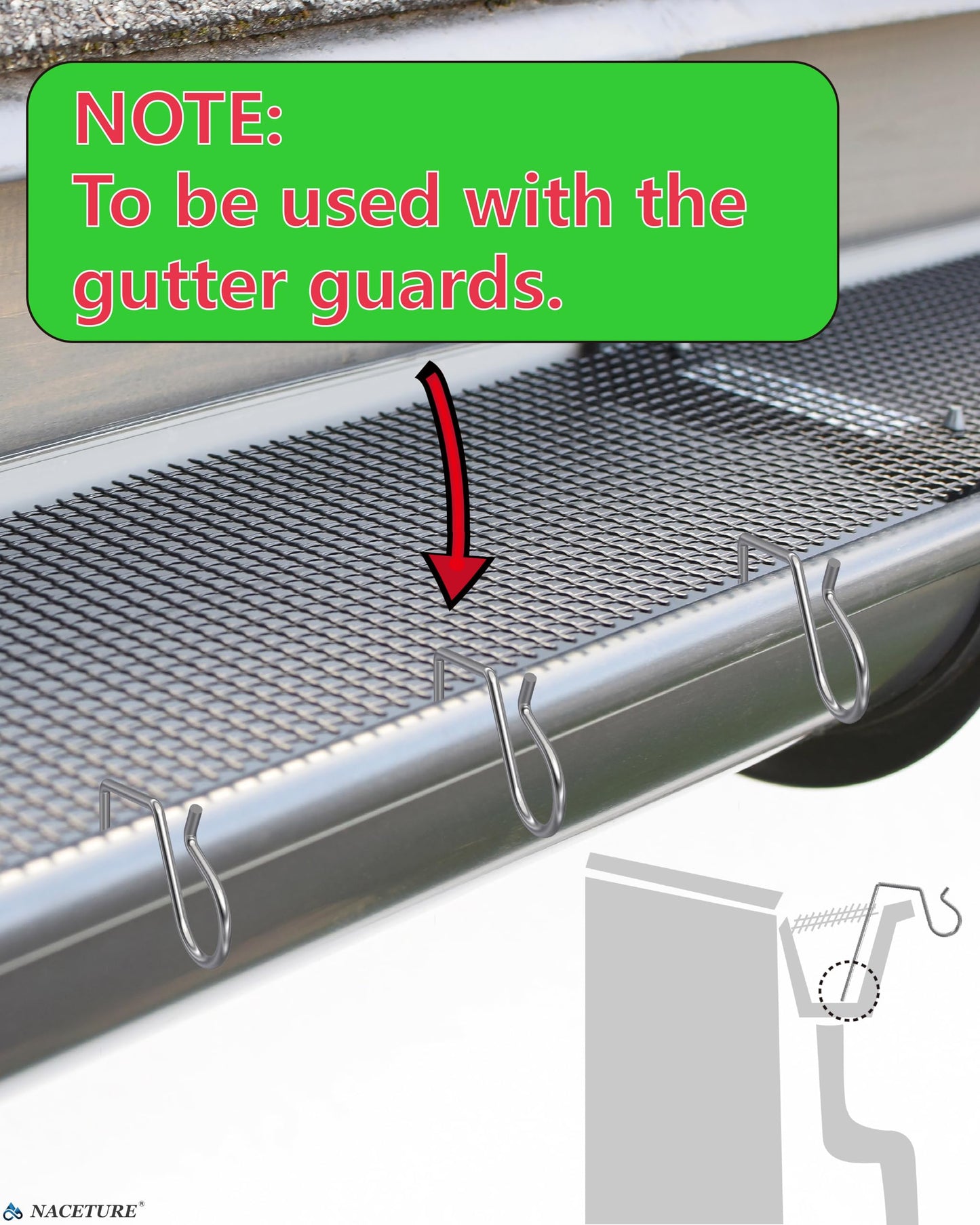 NACETURE 50-Pack Stainless Steel Gutter Clips – Heavy-Duty Light Hooks for 5" Metal Gutters, Outdoor Christmas & Holiday Decor