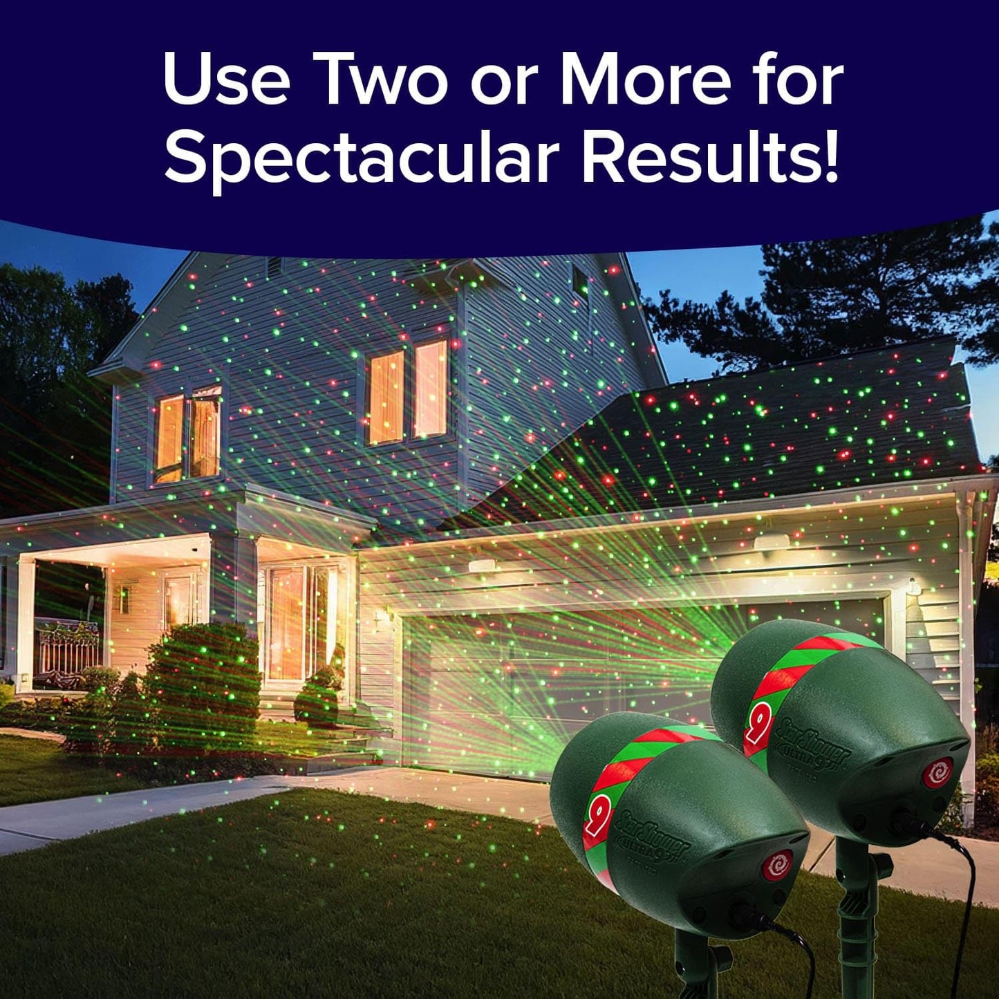 Star Shower Ultra 9 Outdoor Laser Light Show – 9 Patterns, 3 Colors, Motion or Still, Covers 3200 Sq Ft, Holiday Projector