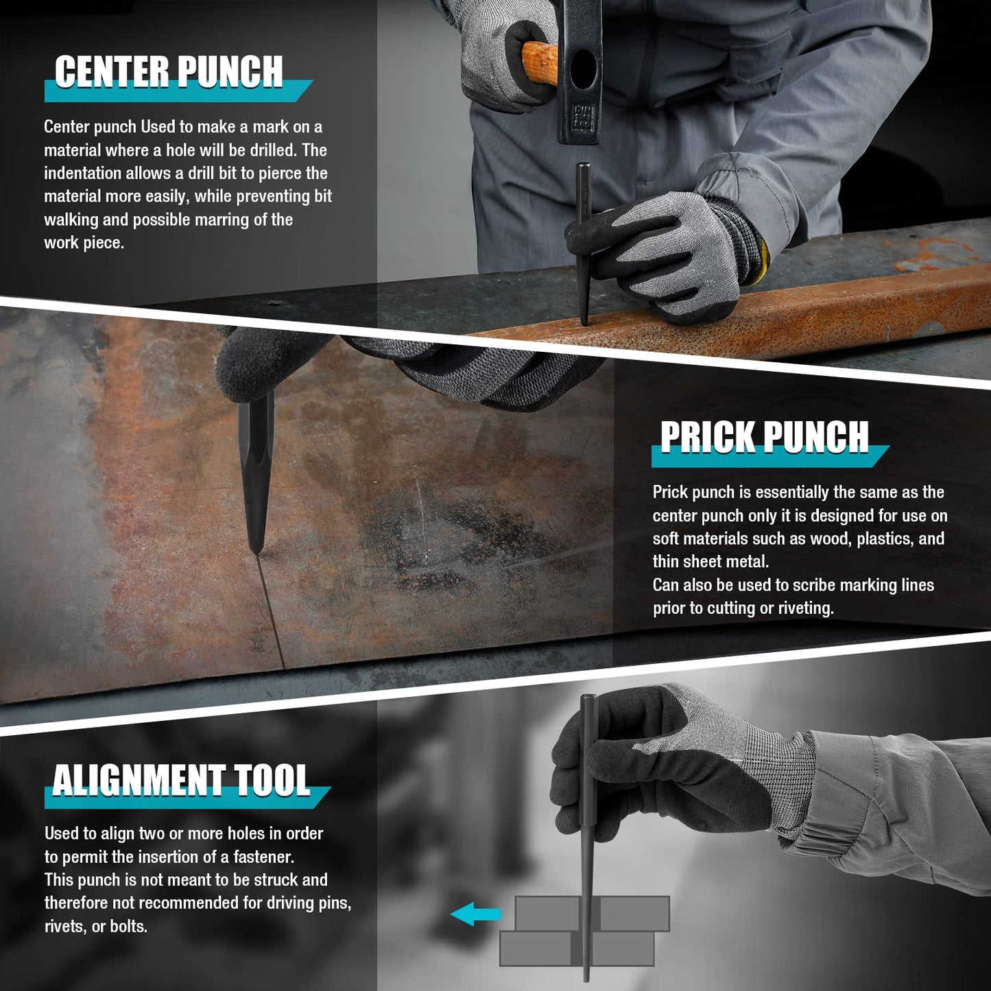 DURATECH 18-Piece Punch & Chisel Tool Set with Pin, Center, Nail Punch, Alignment Tool, Cold Chisel, Gauge & Rolling Pouch