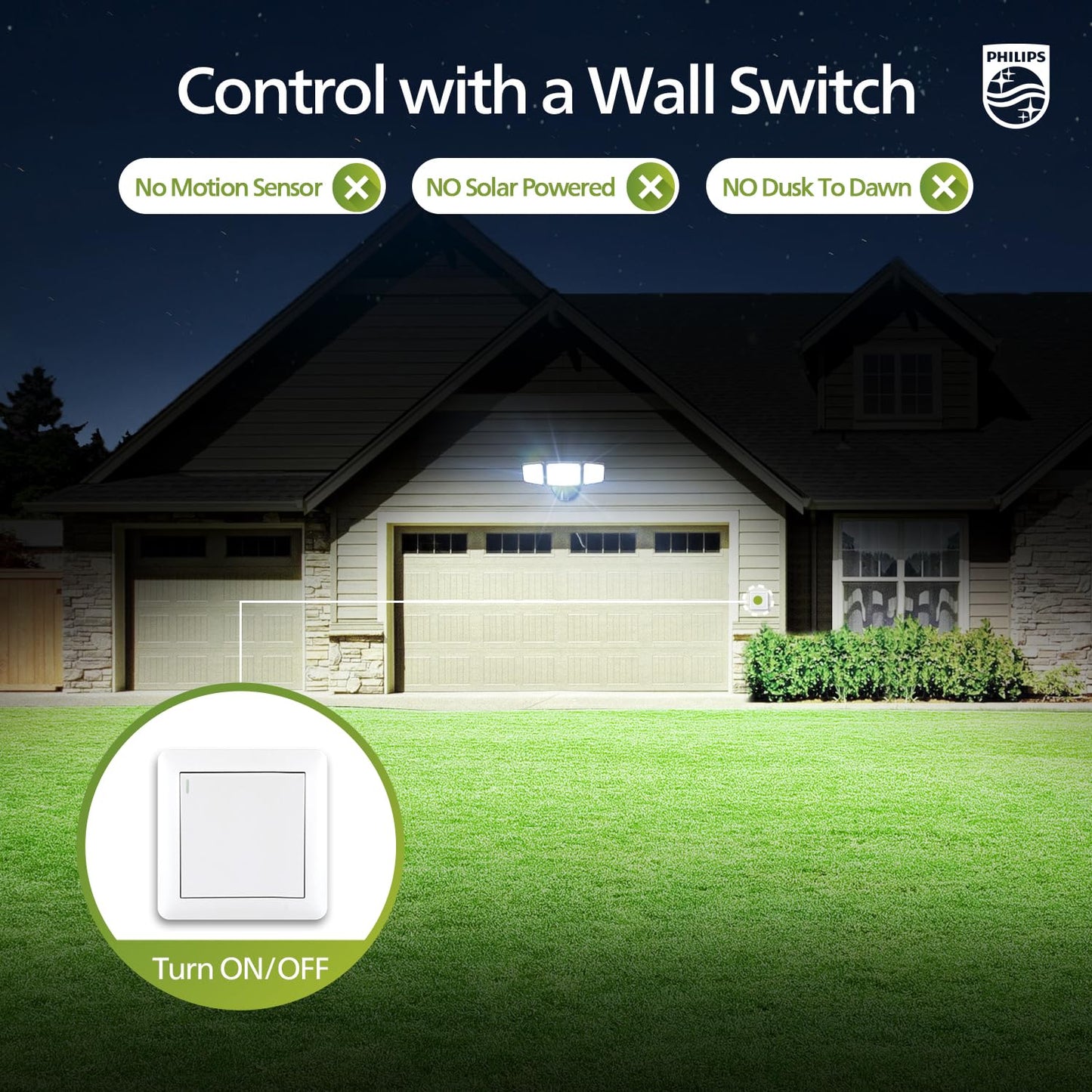 Philips 72W 7400LM LED Outdoor Flood Light, 3 Adjustable Heads, Switch Controlled, Waterproof Aluminum Security Light, 5000K Daylight