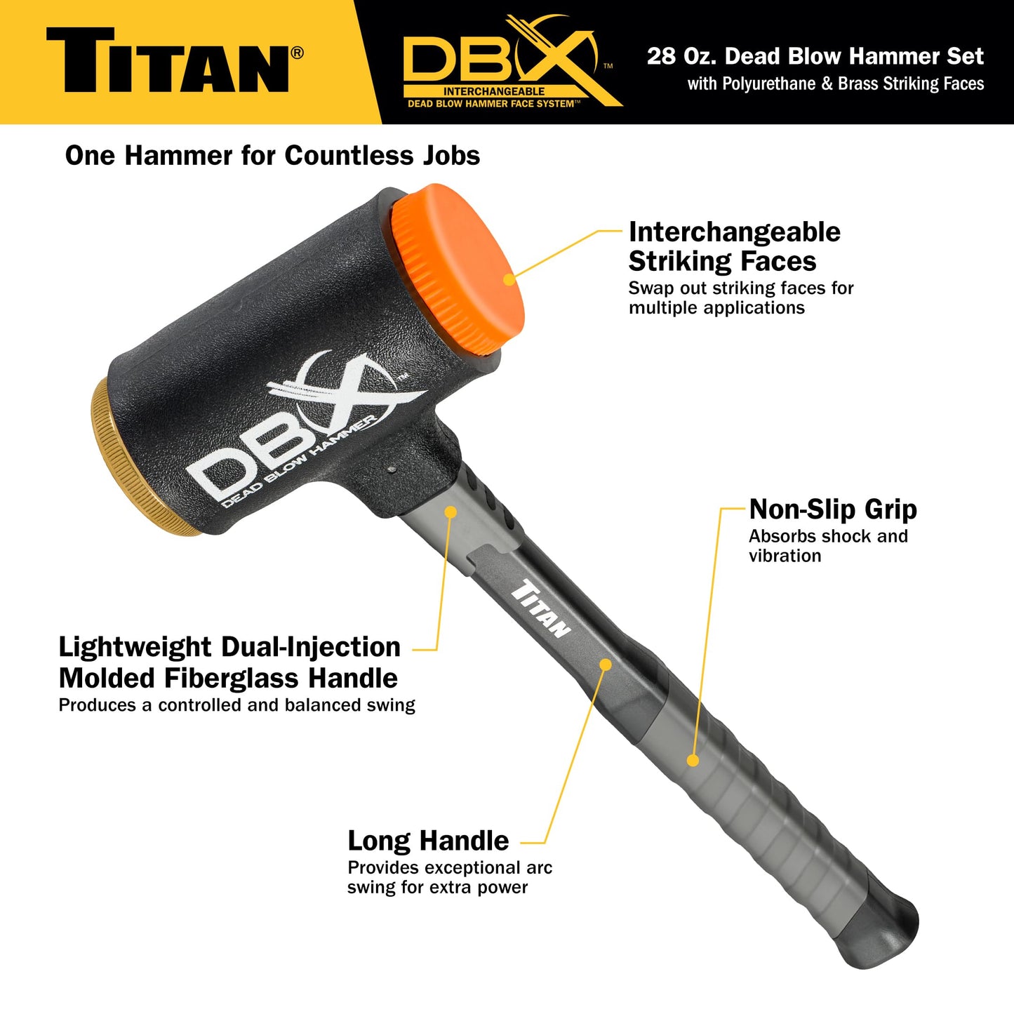 Titan DBX 63630 28oz Dead Blow Hammer, Interchangeable Polyurethane & Brass Faces, Rebound Resistant, 14" Fiberglass Handle