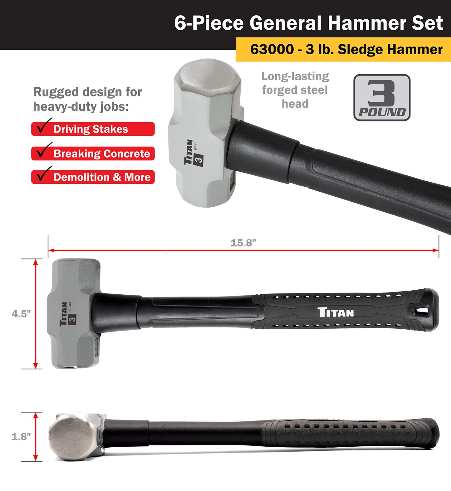 Titan 63136 6-Piece Hammer Set, Includes 16oz & 32oz Ball Pein, 32oz Rubber Mallet, 3lb Sledgehammer, 2lb Dead Blow & 3lb Cross Pein