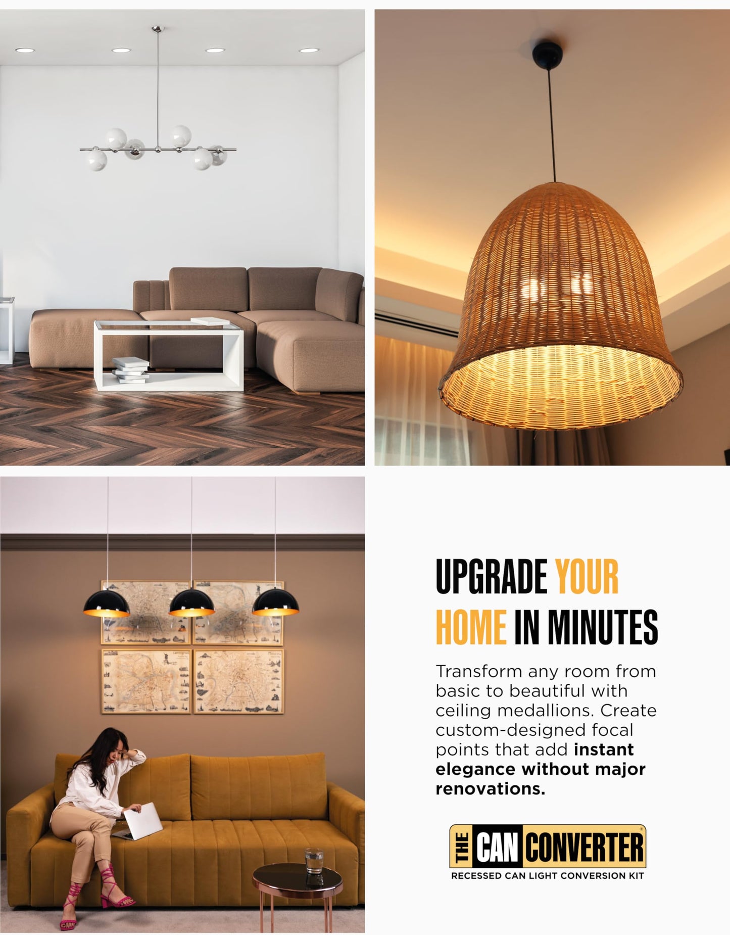 Can Converter Ceiling Medallion for 5" & 6" Recessed Lights – White Steel Decorative Cover Plate for Chandeliers & Pendants