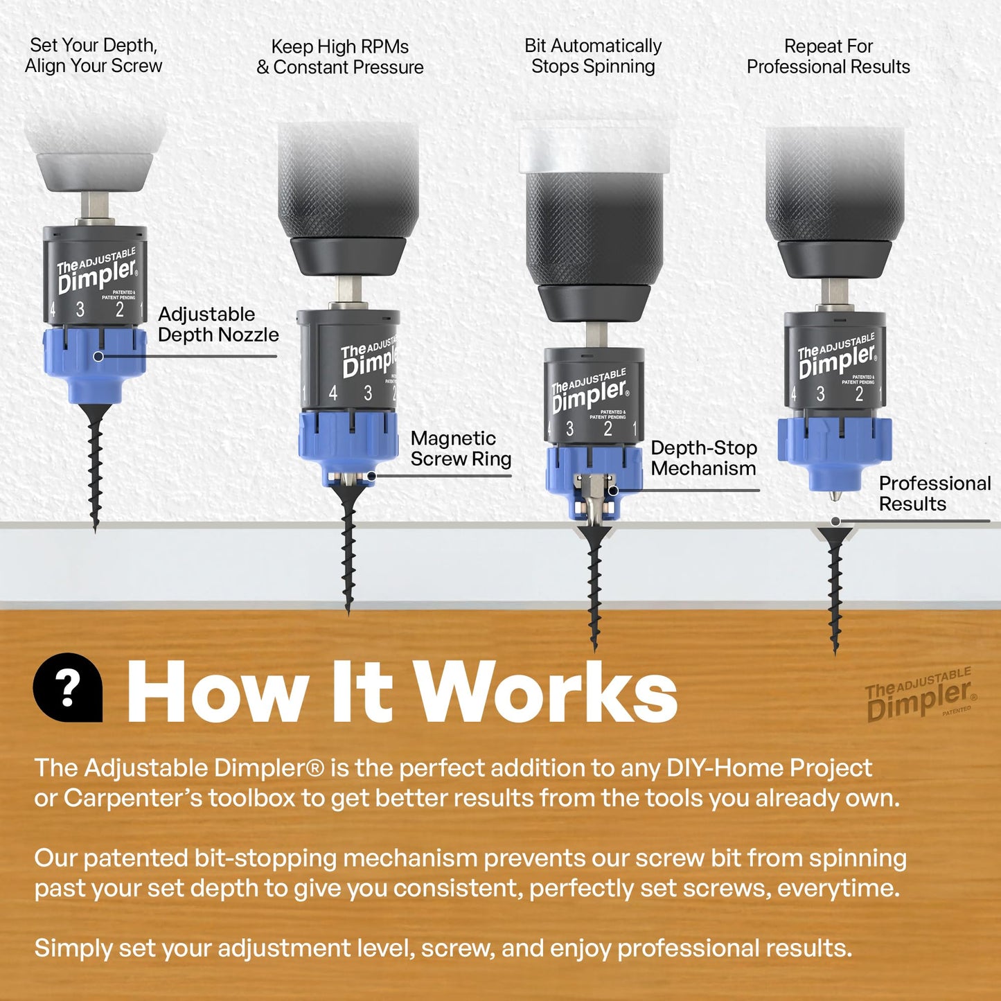 Adjustable DIMPLER® Drywall Bit & Screw Gun Attachment – Converts Drill into Drywall Screw Gun or Deck Screwdriver, Magnetic Bit Holder for Fast, Accurate Installation
