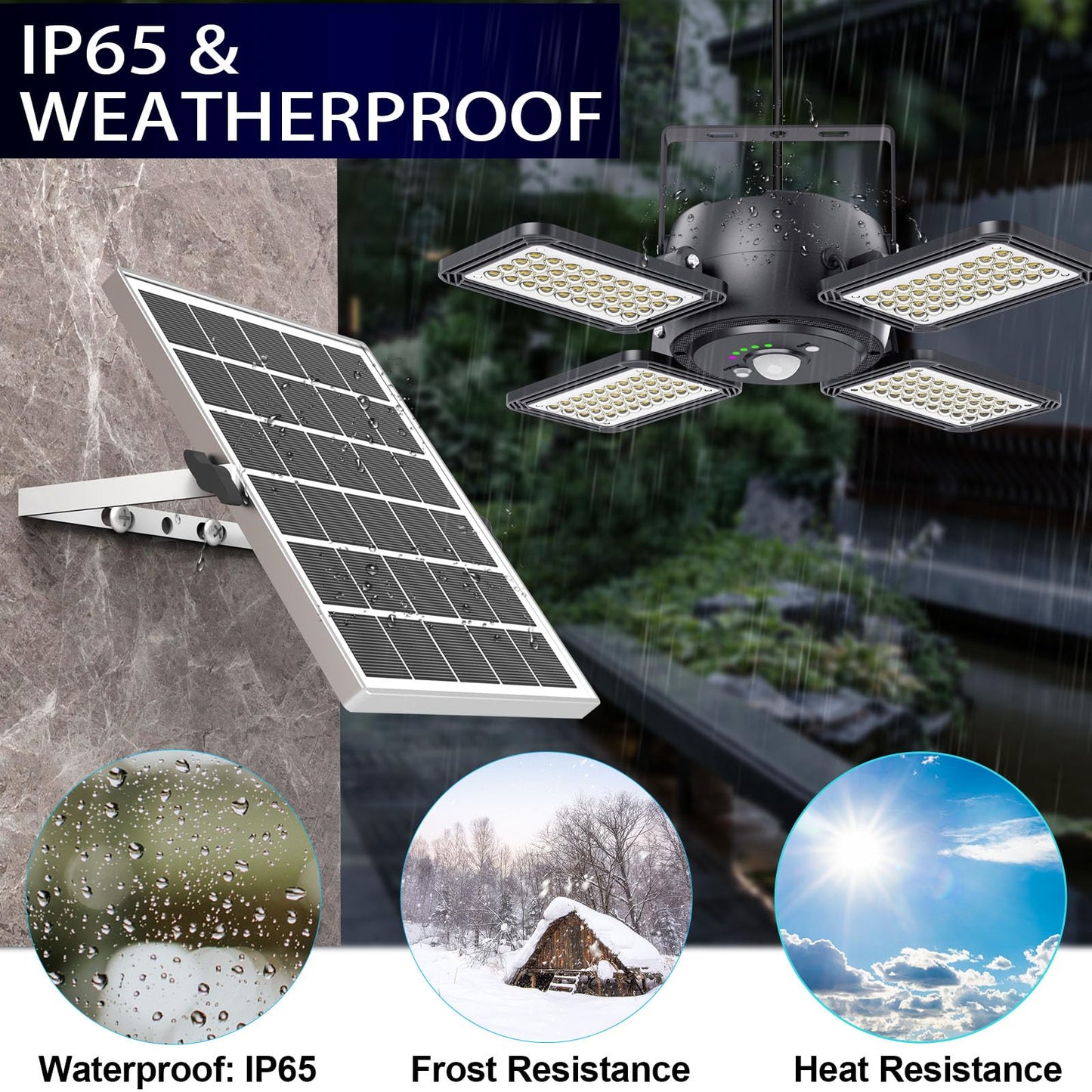 INXPHY Solar Shed Light 1200LM 144 LED Pendant, Motion Sensor, 5 Modes, Remote, 4-Leaf Adjustable Indoor/Outdoor