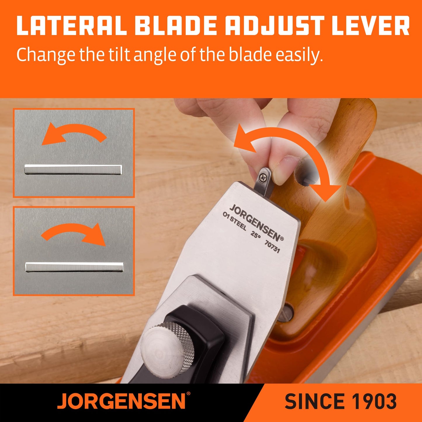 JORGENSEN No.5 Wood Planer - Professional Hand Plane for Flattening & Smoothing Wood, Adjustable Depth, Ergonomic Ductile Iron Body