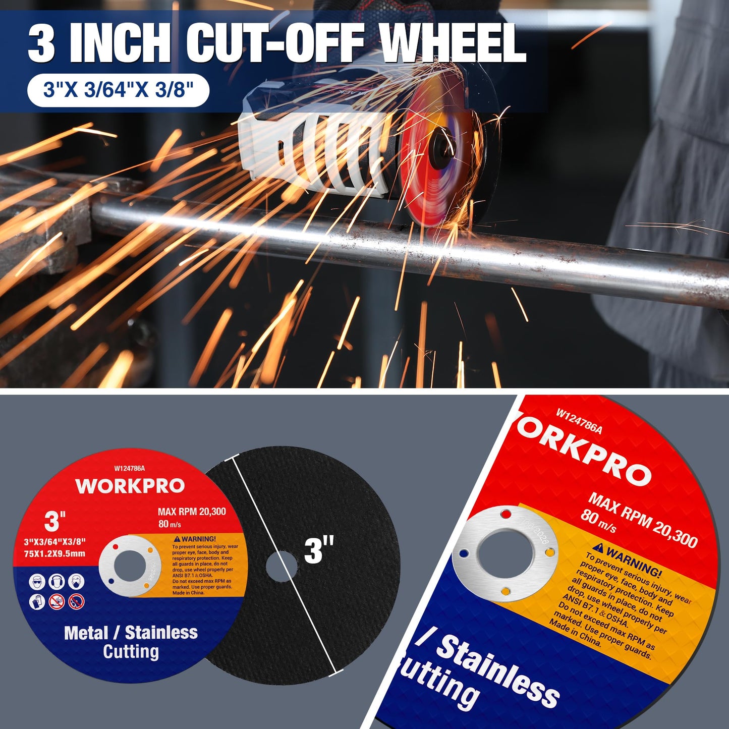 WORKPRO 20-Pack Cut-Off Wheels, 3 X 3/8-inch Metal&Stainless Steel Cutting Wheel, Thin Metal Cutting Disc for Angle Grinder