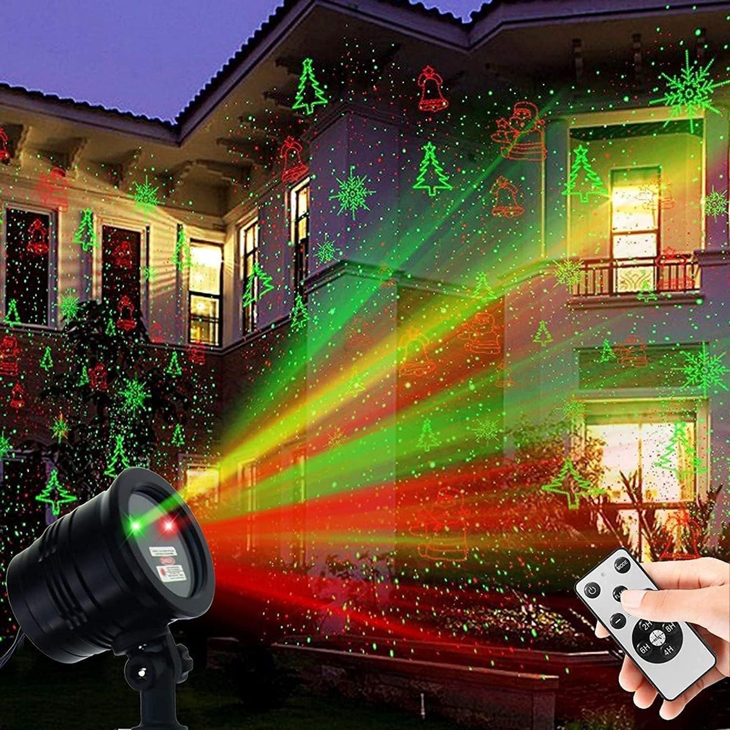 Christmas Projector Lights Outdoor – Red & Green Star Laser Spotlight with 360° Coverage, Wireless Remote for Garden, Patio & Wall Decor