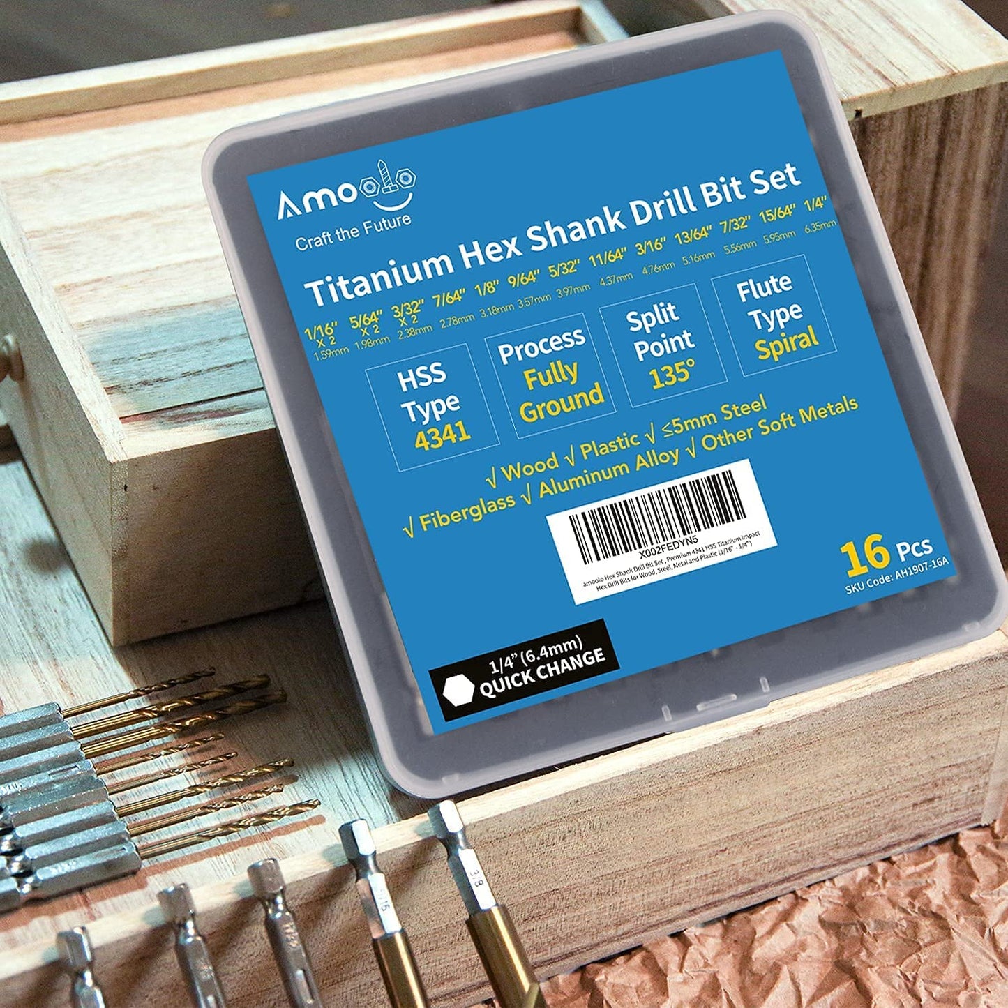 Amoolo 16-Piece Hex Shank Drill Bit Set, HSS Titanium Impact Bits for Wood, Metal, Steel & Plastic, Quick-Change 1/16"-1/4"