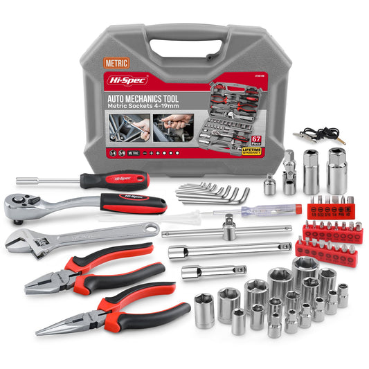Hi-Spec 67Pc Metric Auto Mechanic Tool Set for Cars, Motorcycles & Trucks – Pliers, Screwdrivers, Sockets & Toolbox Case