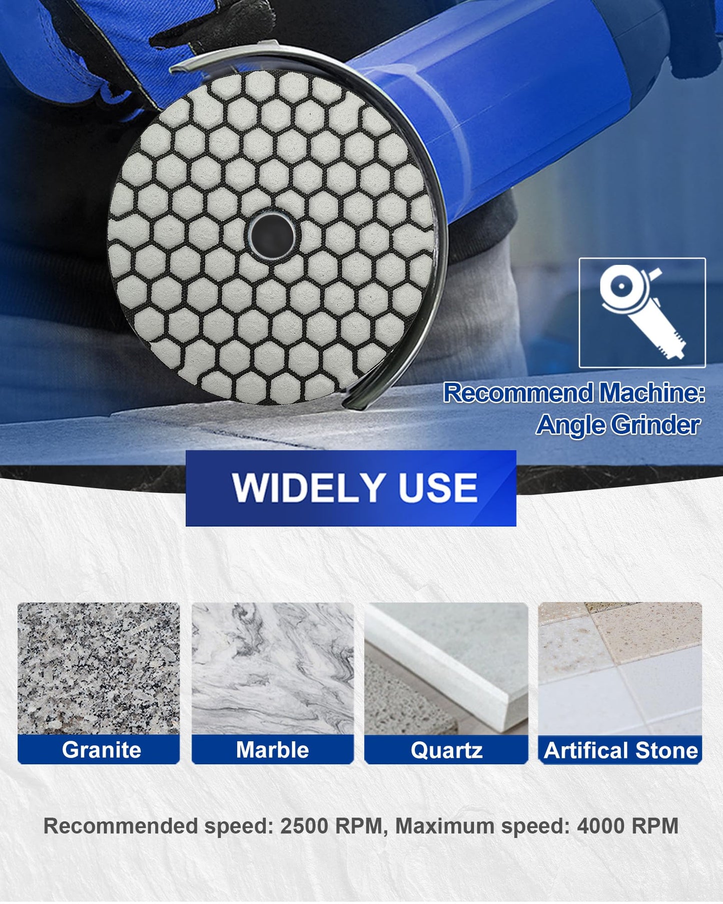 SHDIATOOL Dry Diamond Polishing Pads 4 Inch Set of 7 Pieces Plus a Rubber Backer for Granite Marble Stone Sanding Pads