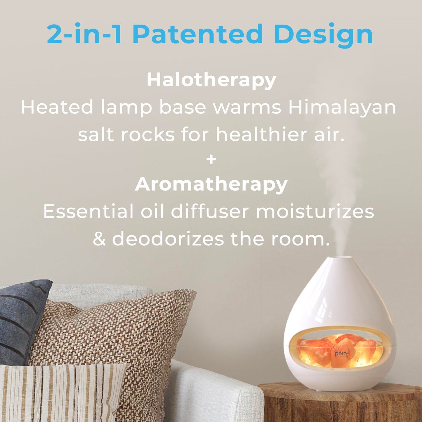 Pure Enrichment PureGlow Crystal 2-in-1 Himalayan Salt Lamp & Ultrasonic Essential Oil Diffuser, 160ml, 16-Hour Glow, White