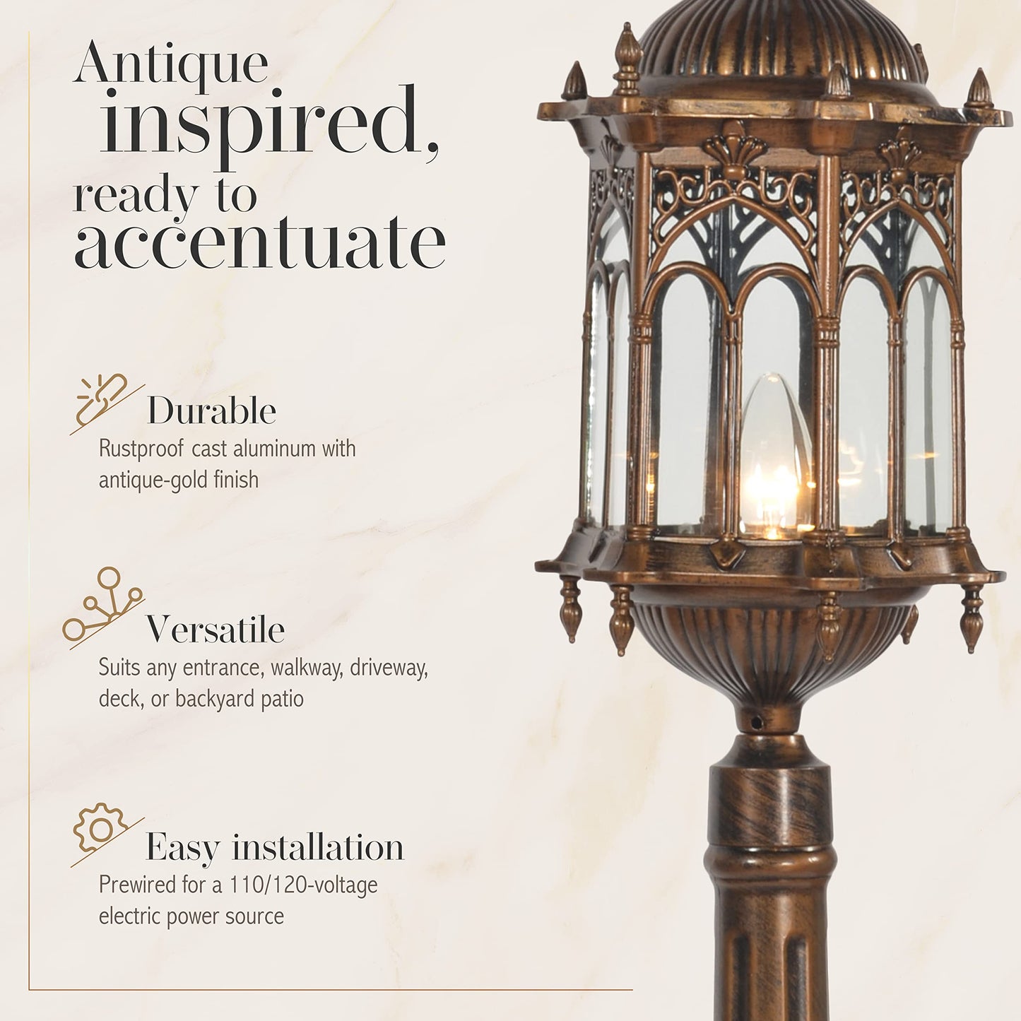 AFD Home Gothic Grassland Lamp, Outdoor Aluminum Gothic Floor Lamp, 47.25 Inches x 9 Inches, Antique Gold Hardwire