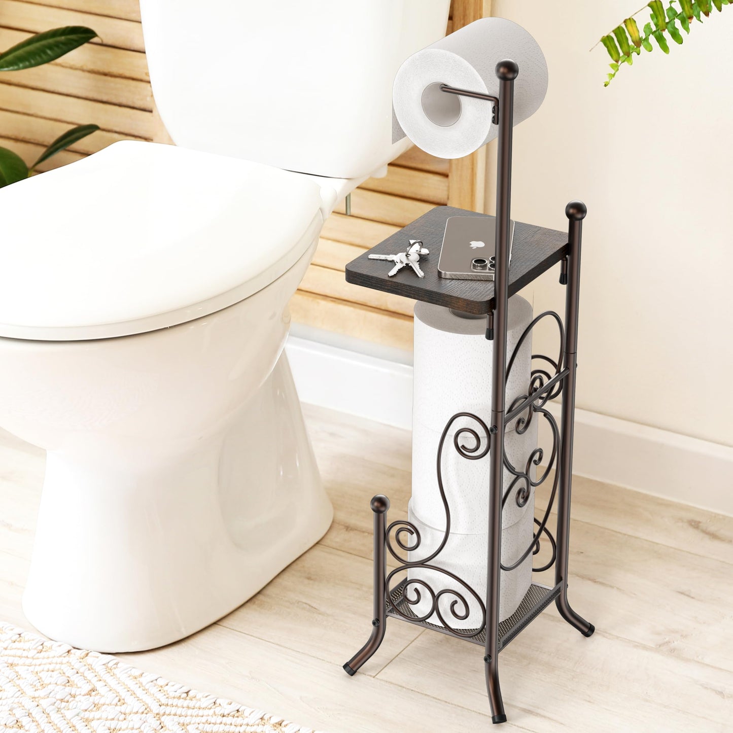 Simple Houseware English Style Bathroom Toilet Tissue Roll Holder Stand with Shelf, Bronze
