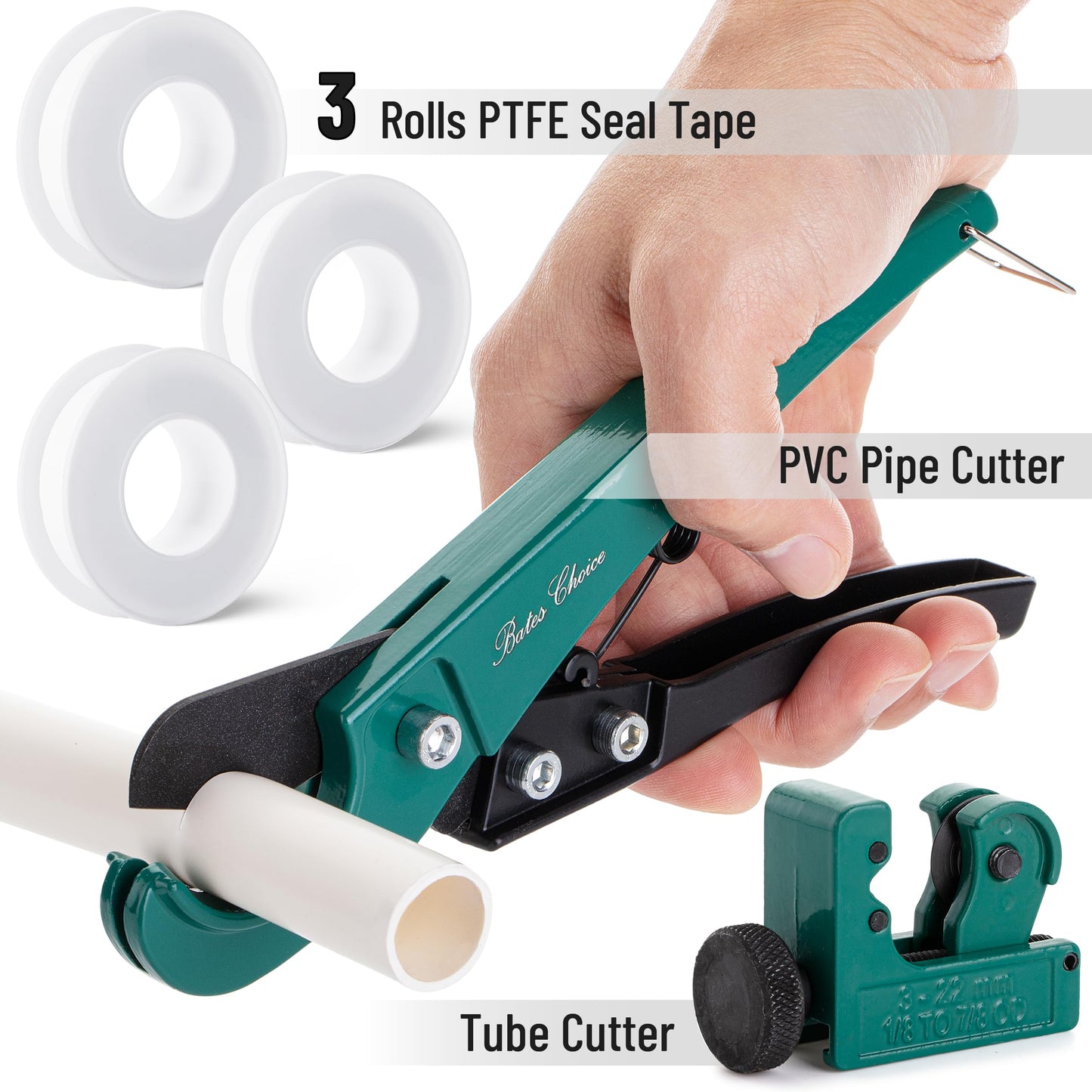 Bates PEX Pipe Cutter & Tube Cutter Set, Cuts 1/8"-1-1/4", Includes PTFE Tape, Rubber Hose & Plastic Pipe Cutting Tools for Plumbing