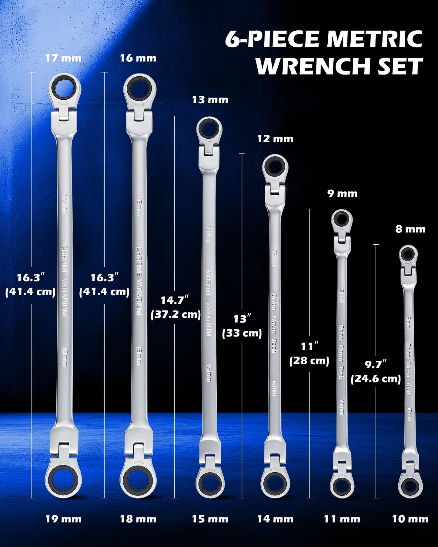 Orion Motor Tech 6-Piece Metric Ratcheting Wrench Set 8-19mm, Flex Head, Extra Long, 72-Tooth Gear, Double Box End