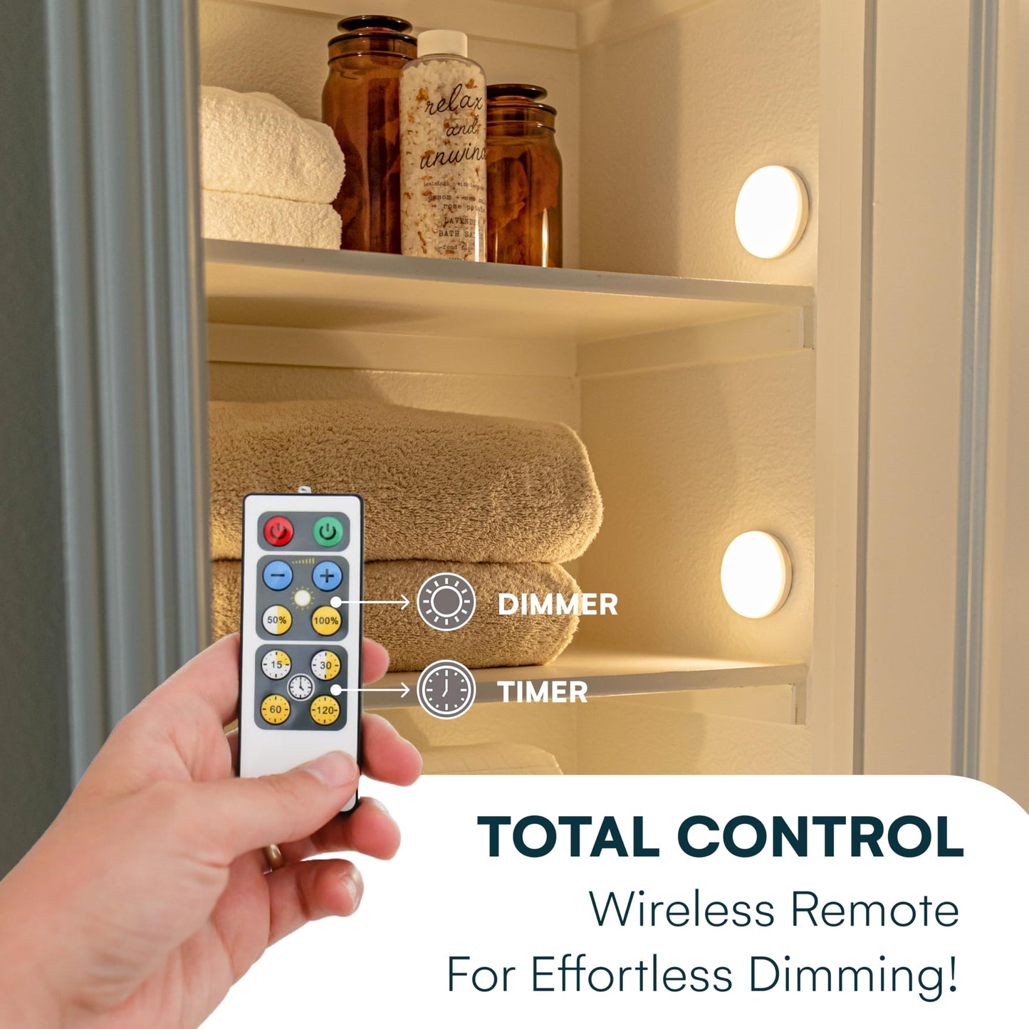 Brilliant Evolution 6-Pack Stick-On LED Push Lights with Remote – Battery Operated Puck Lights for Kitchen, Closet, Cabinet, Counter