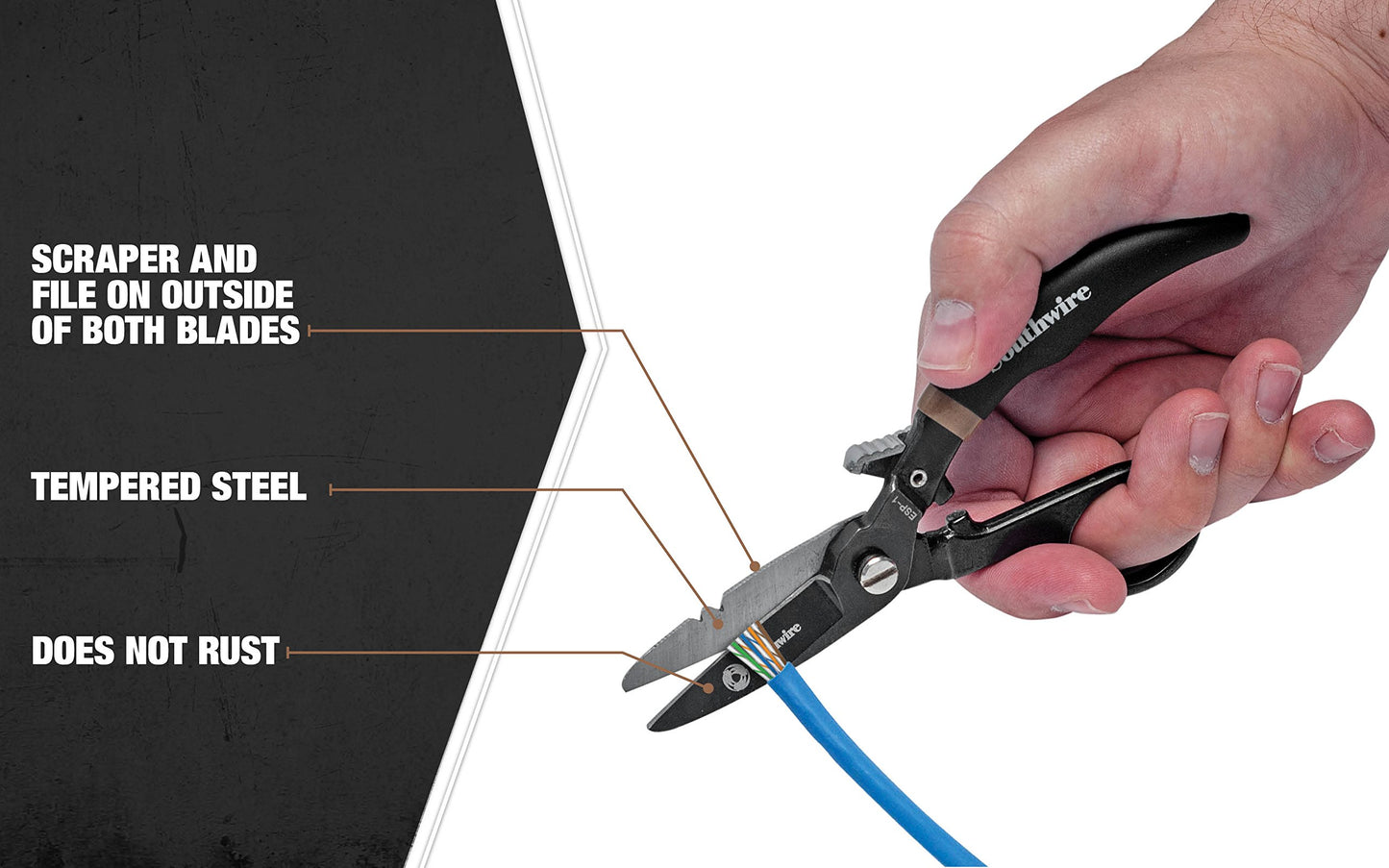 Southwire ESP-1 Electrician Scissors DataComm Snips – Serrated Blade, Built-in Notches, Textured Grip, Precise Control, Durable