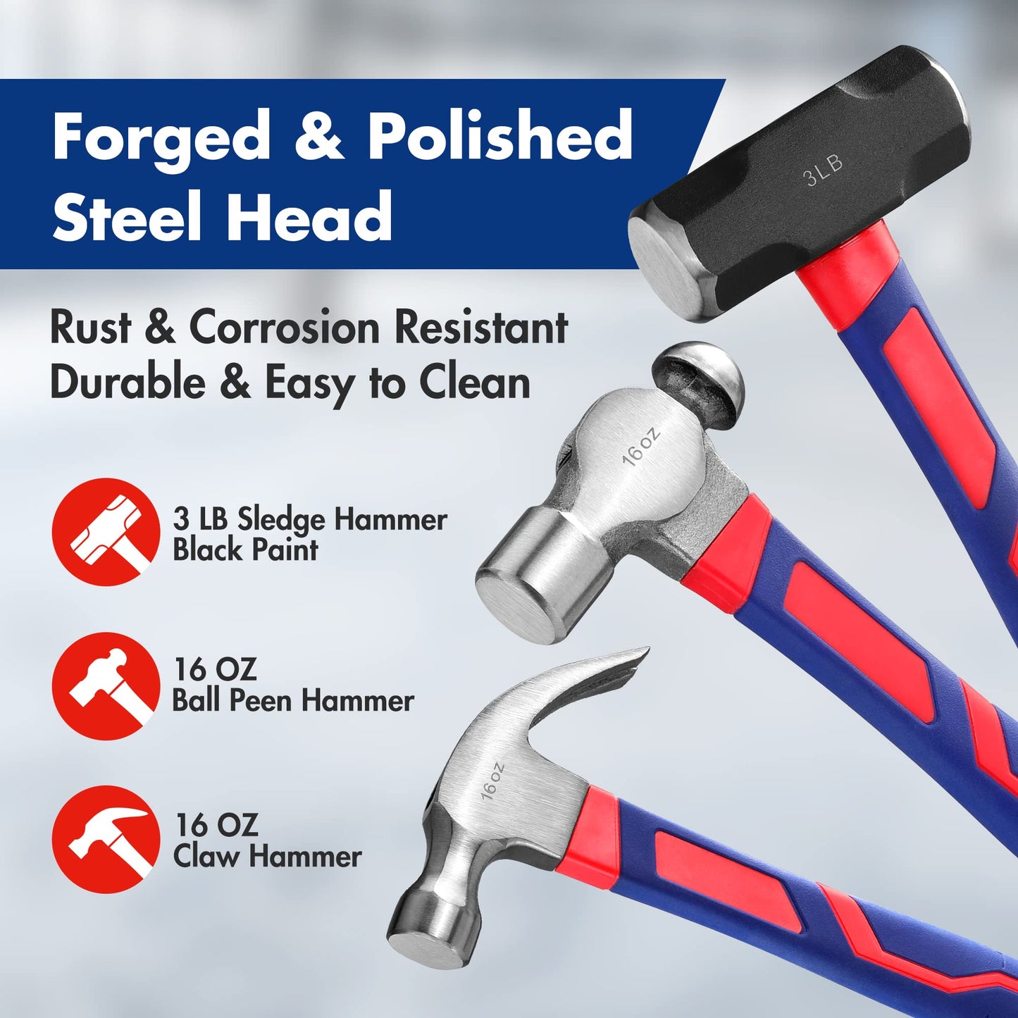 WORKPRO 5-Piece Hammer & Mallet Set – Forged Steel Heads, Fiberglass Handles: 32oz Rubber, 16oz Claw & Ball-Peen, 3lb Sledge, 22oz Double-Face