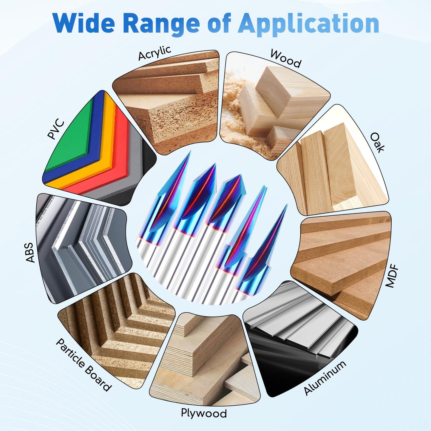 CNC Wood Carving Router Bit - 1/4 Shank, 15/20/30/60/90 Engraving Bits, 2 Flute Straight & V-bit, Blue Nano-Coating Conical Tool