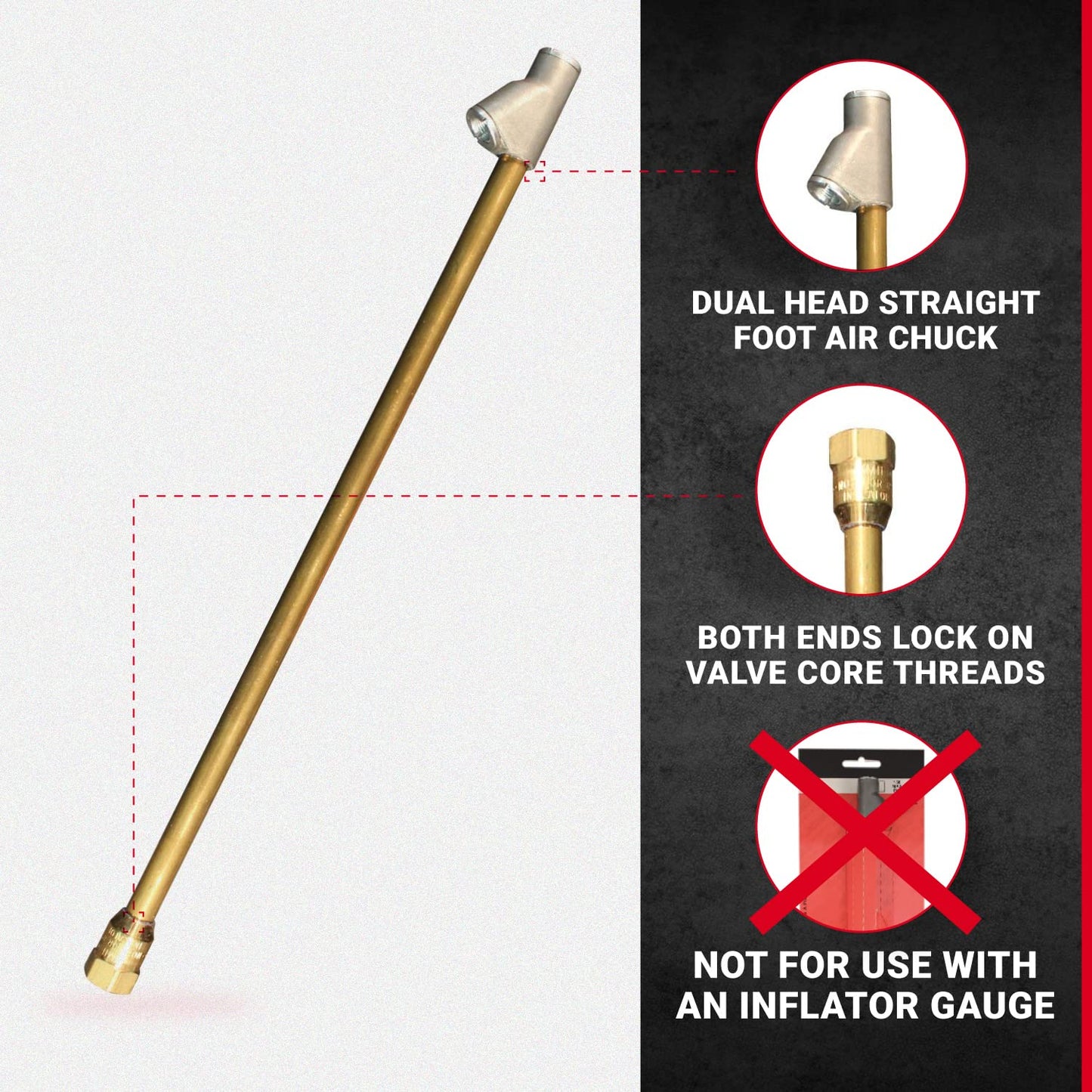 Straight Foot Dual Head Air Chuck, 12" Extended Reach, 1/4" FNPT, 150 PSI, for Truck, Trailer, RV & Car – S-693-12
