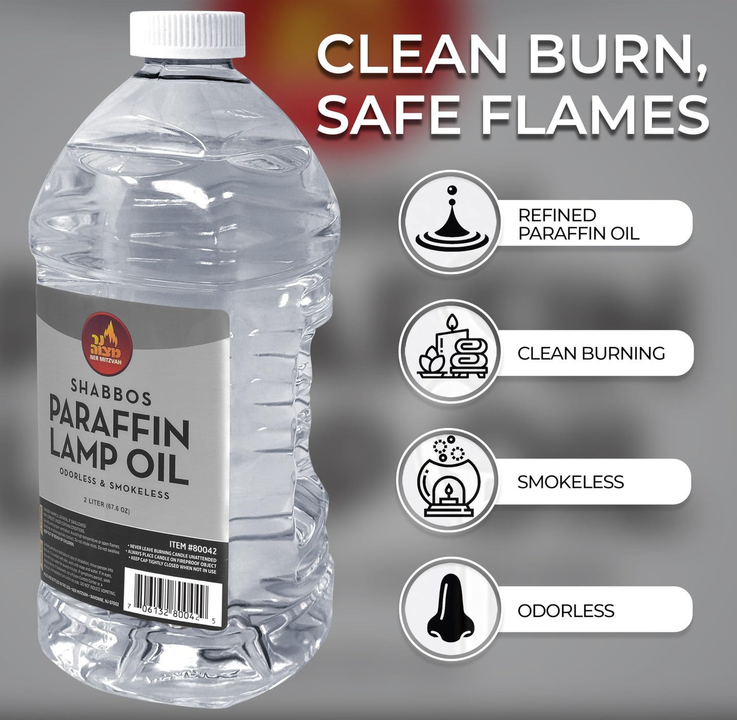 Ner Mitzvah Paraffin Lamp Oil - Clear Smokeless, Odorless, Clean Burning Fuel for Indoor and Outdoor Use - 2 Liter (67.6 oz)